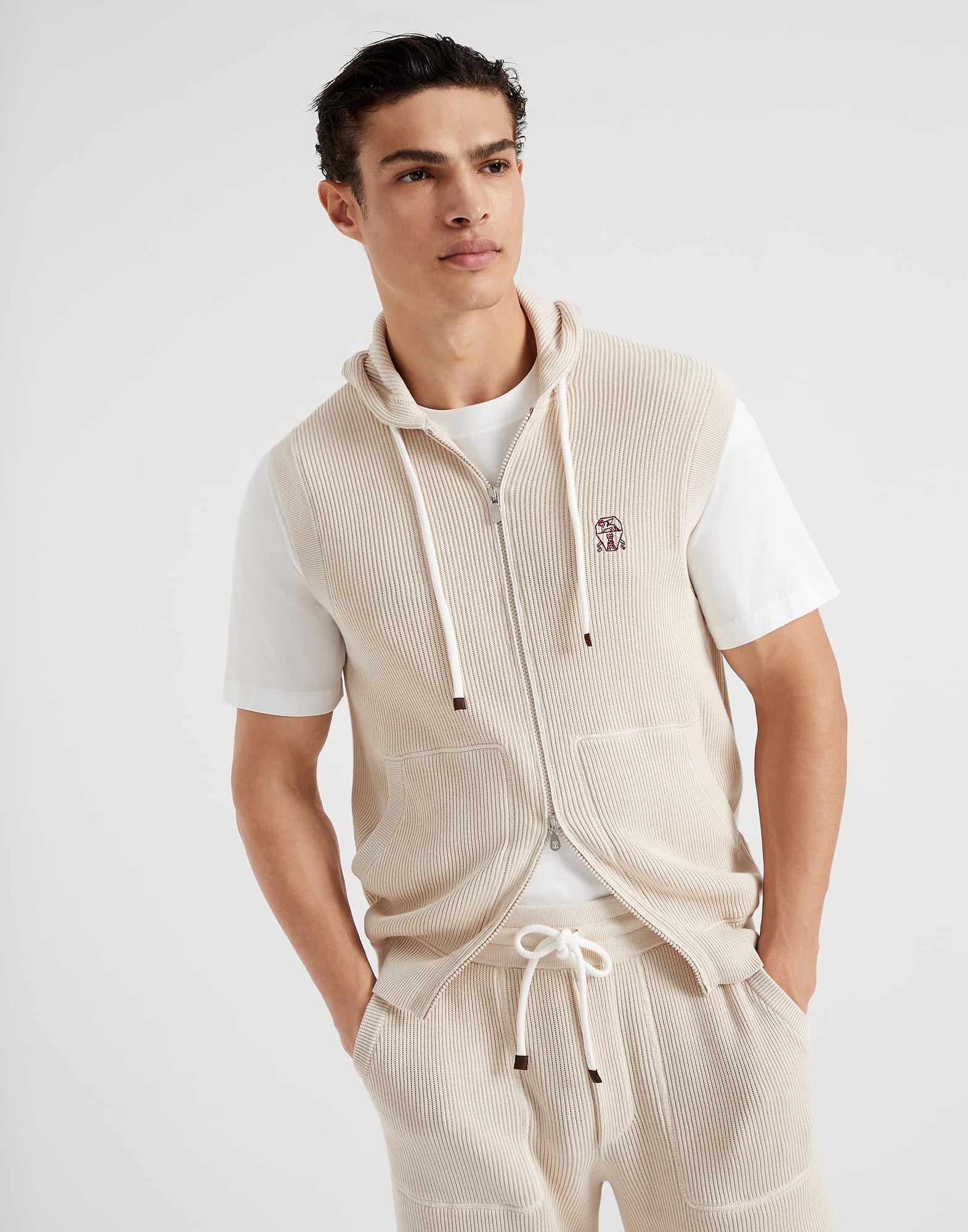 Cotton English rib sweater vest with zipper and hood