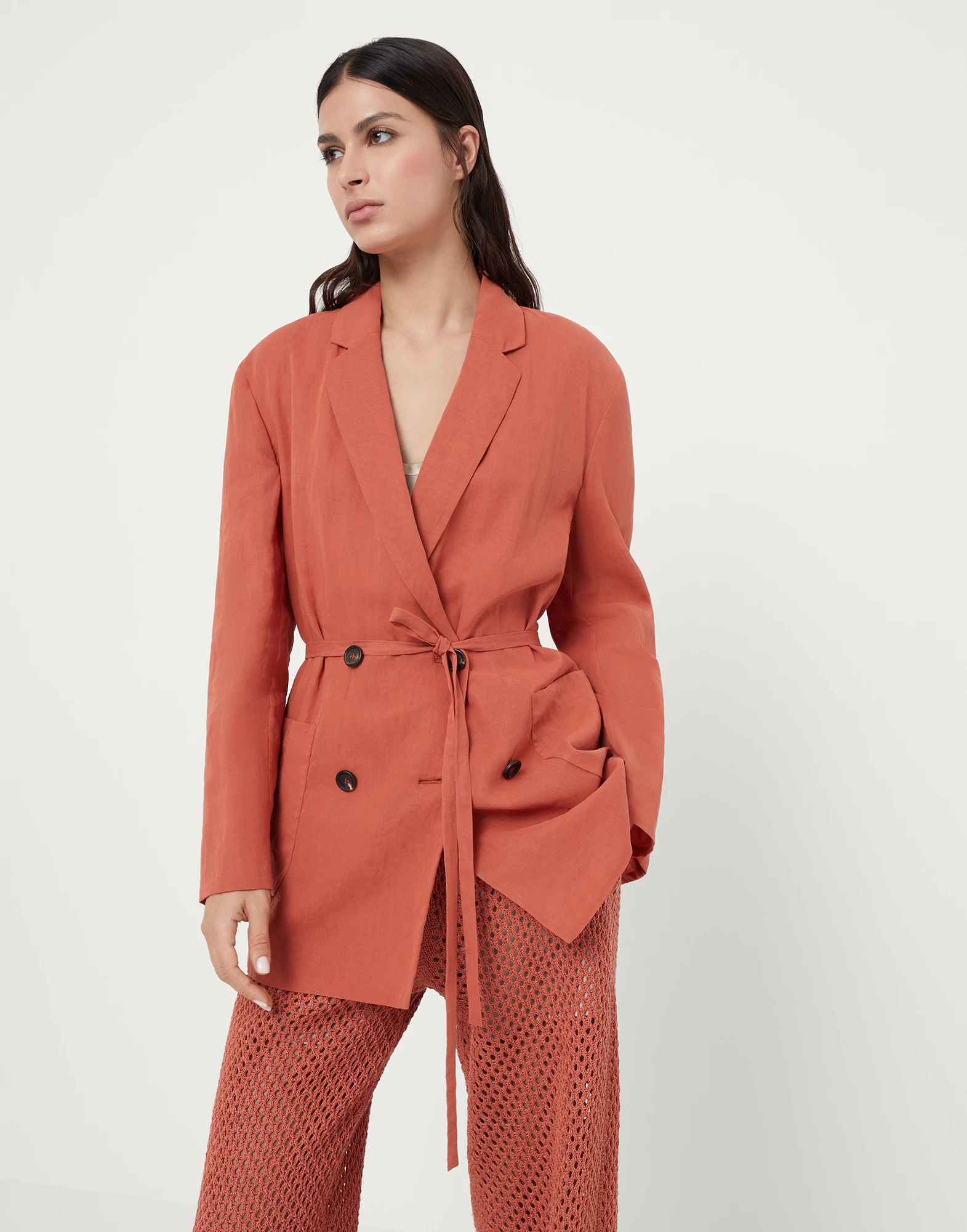 Cotton organza blazer with monili and belt
