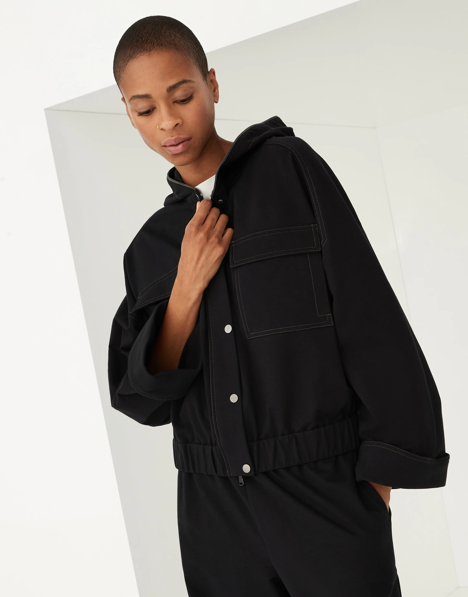 Stretch cotton lightweight French terry outerwear with monili