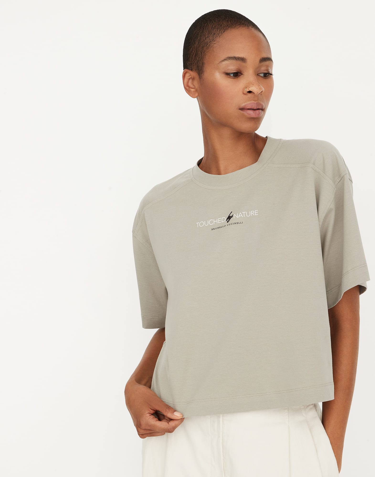 Cropped Nature T-shirt in cotton lightweight jersey with monili