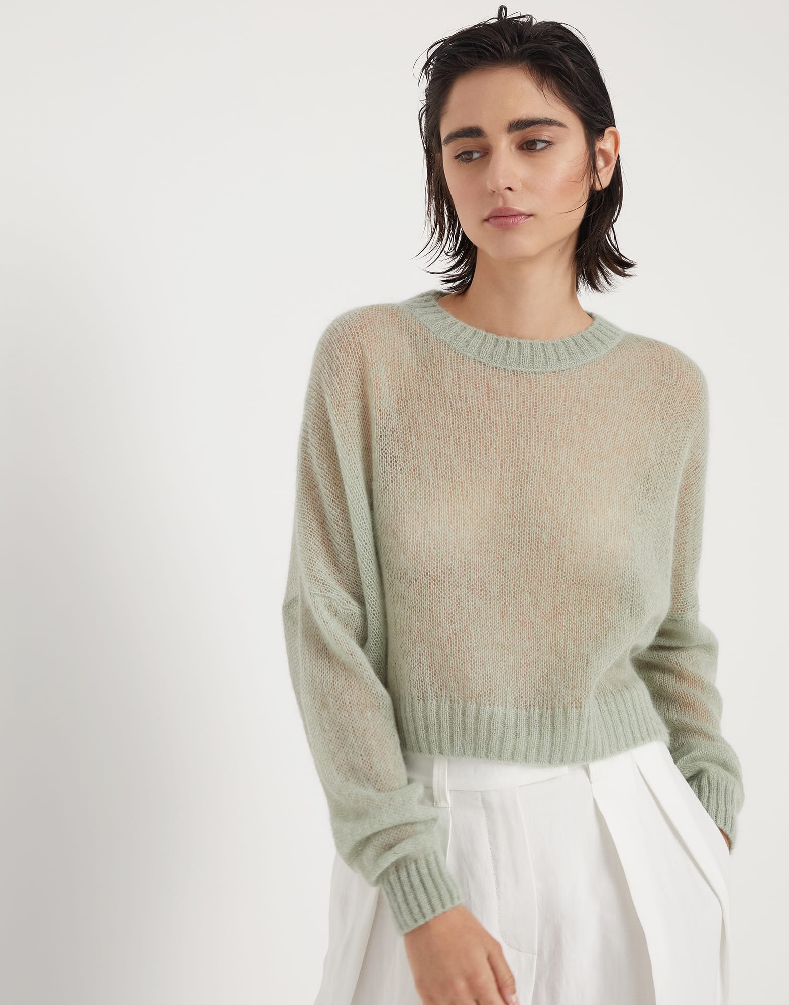 Cropped mohair and wool sweater with monili