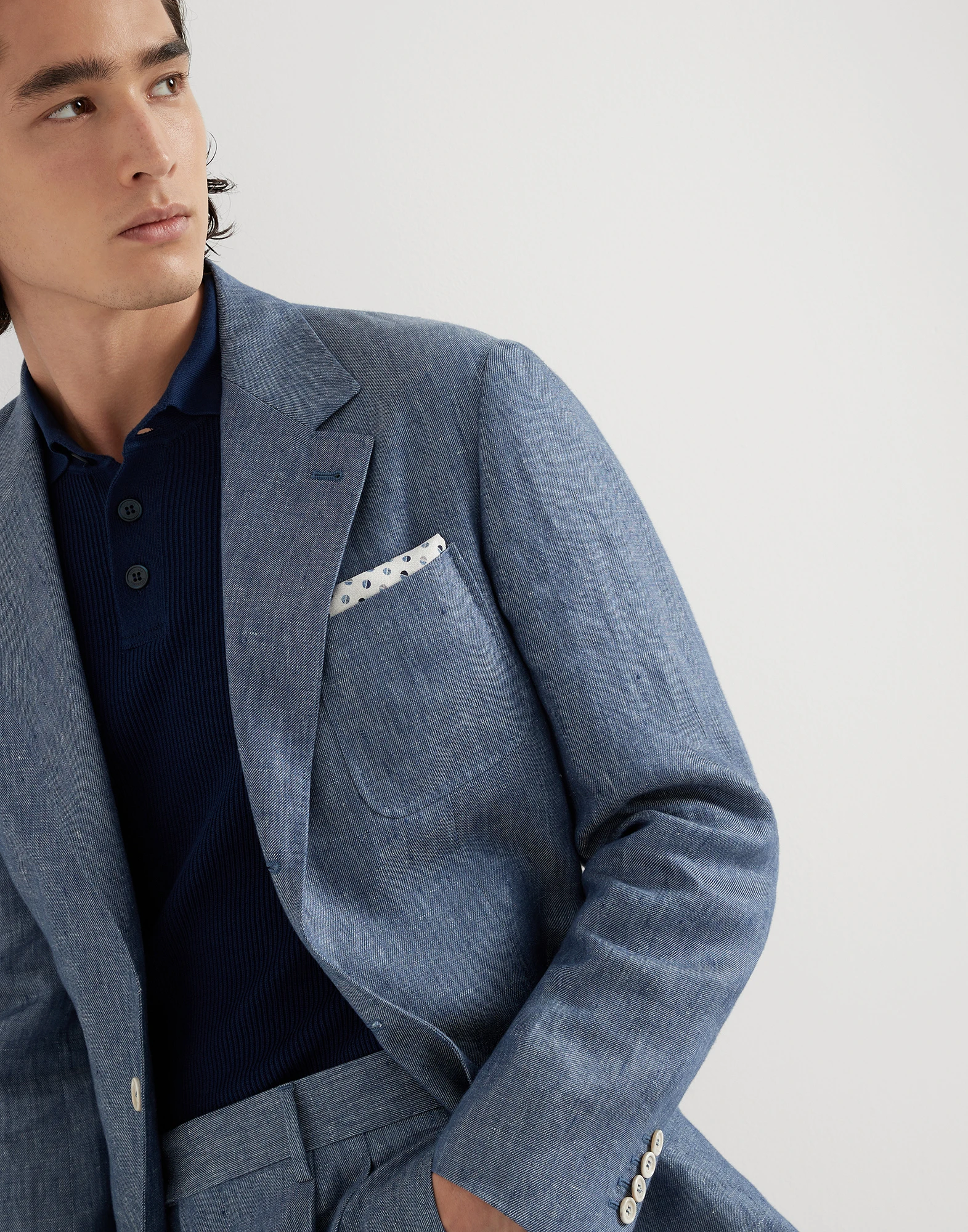 Denim-effect linen deconstructed blazer with patch pockets