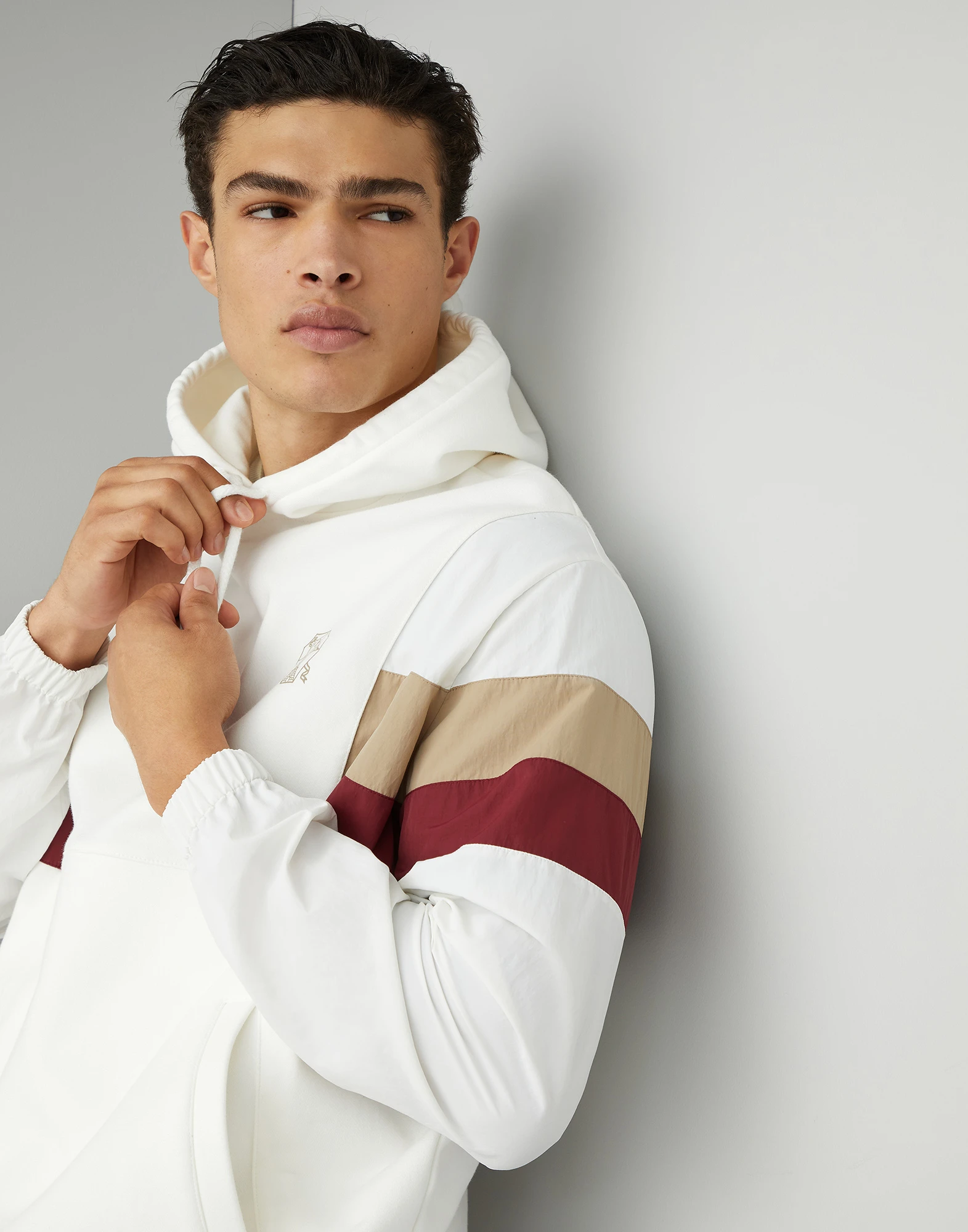 Techno cotton French terry hooded sweatshirt with nylon sleeves