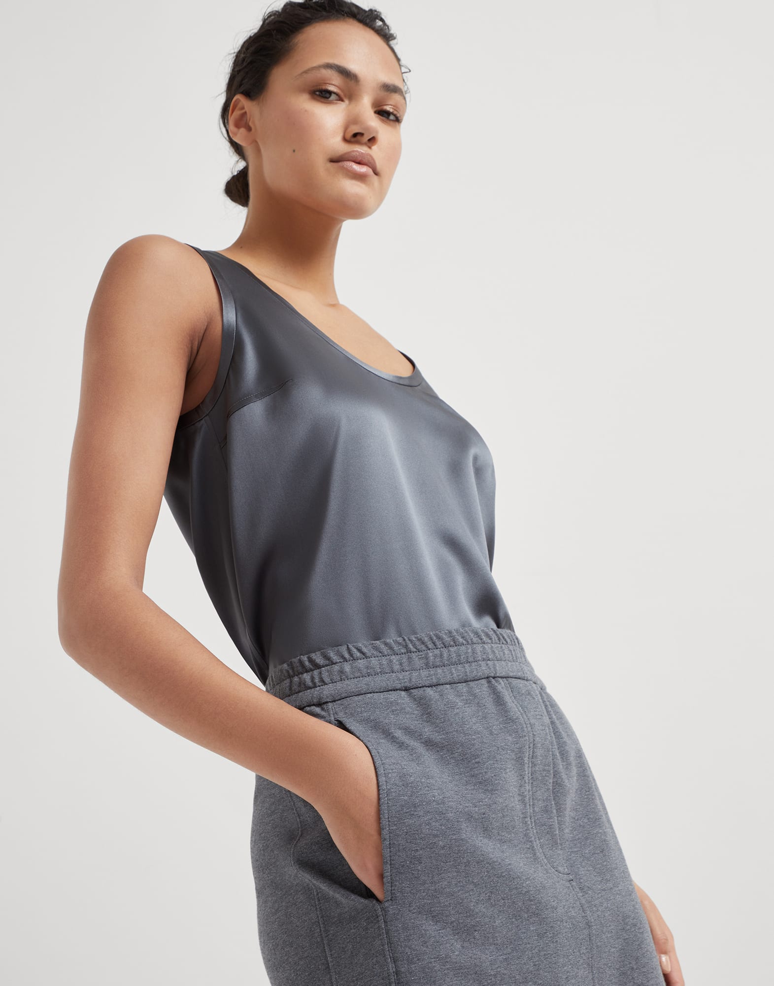 Stretch cotton lightweight French terry midi track skirt