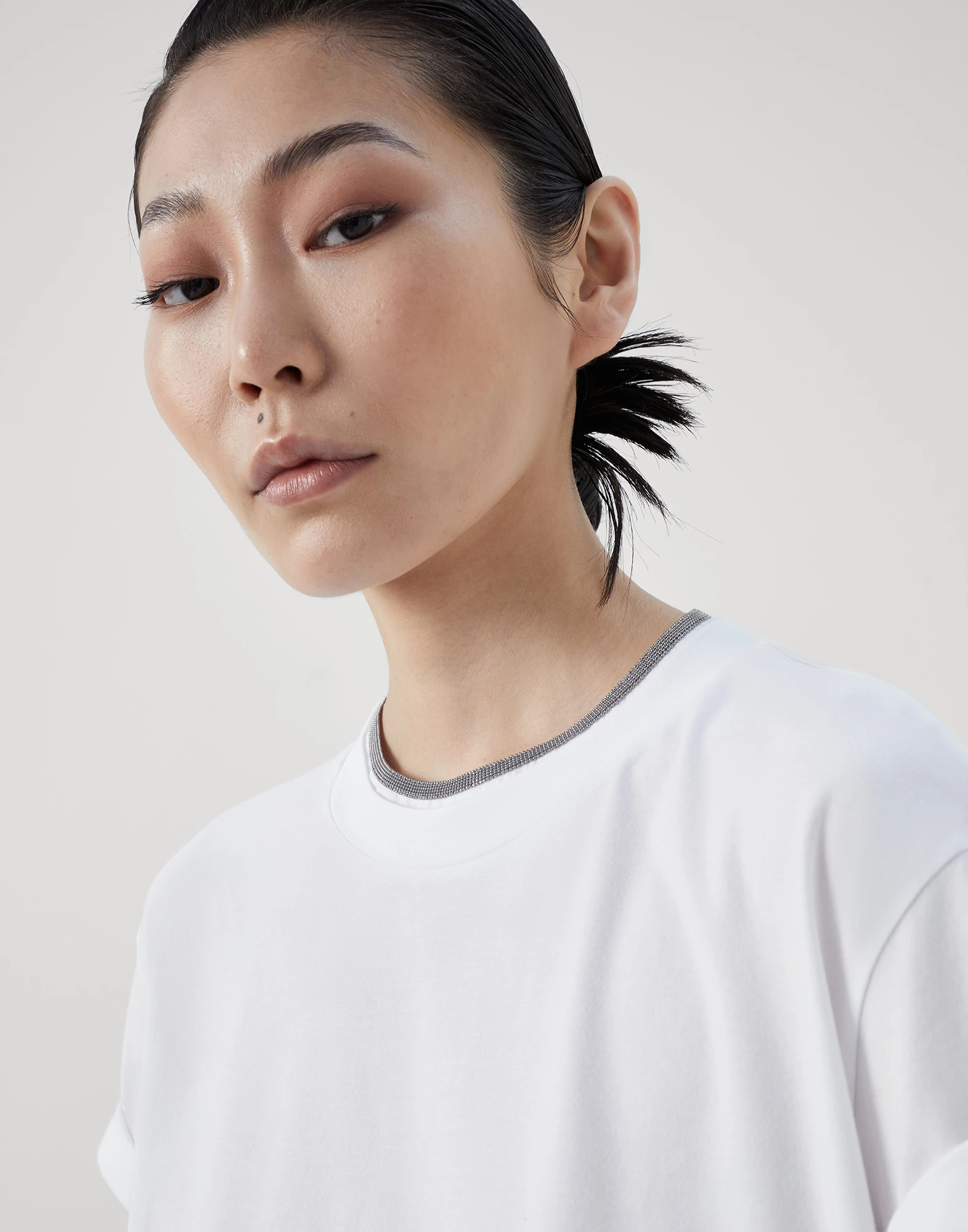 Stretch cotton jersey T-shirt with precious faux-layering