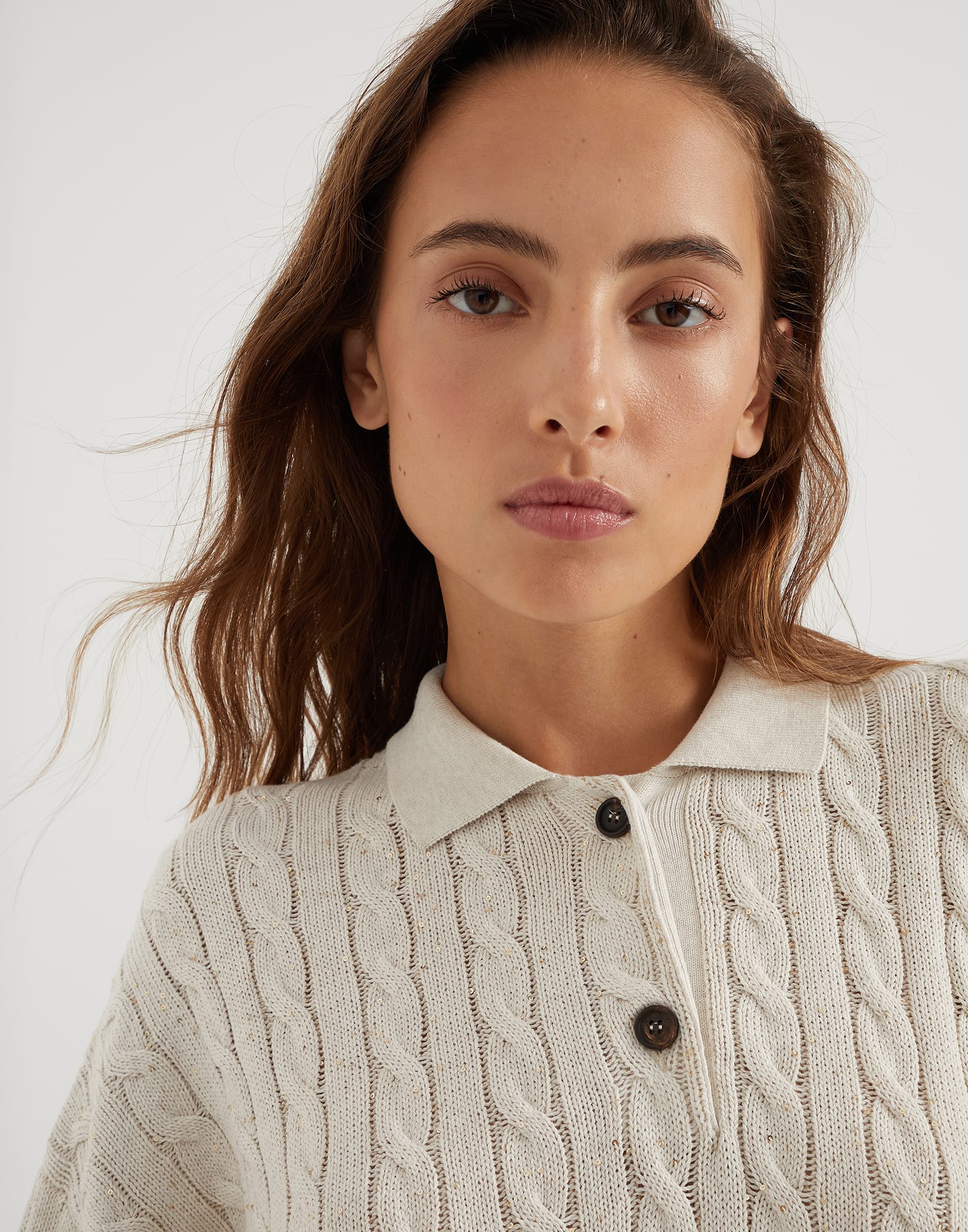 Cotton dazzling cables polo-style sweater