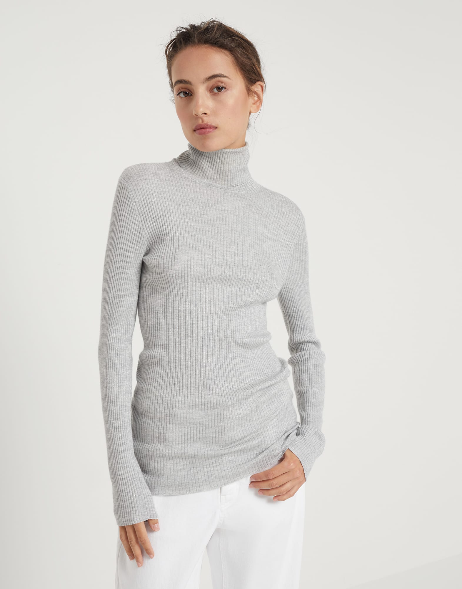 Lightweight turtleneck sweater in sparkling cashmere and silk rib knit
