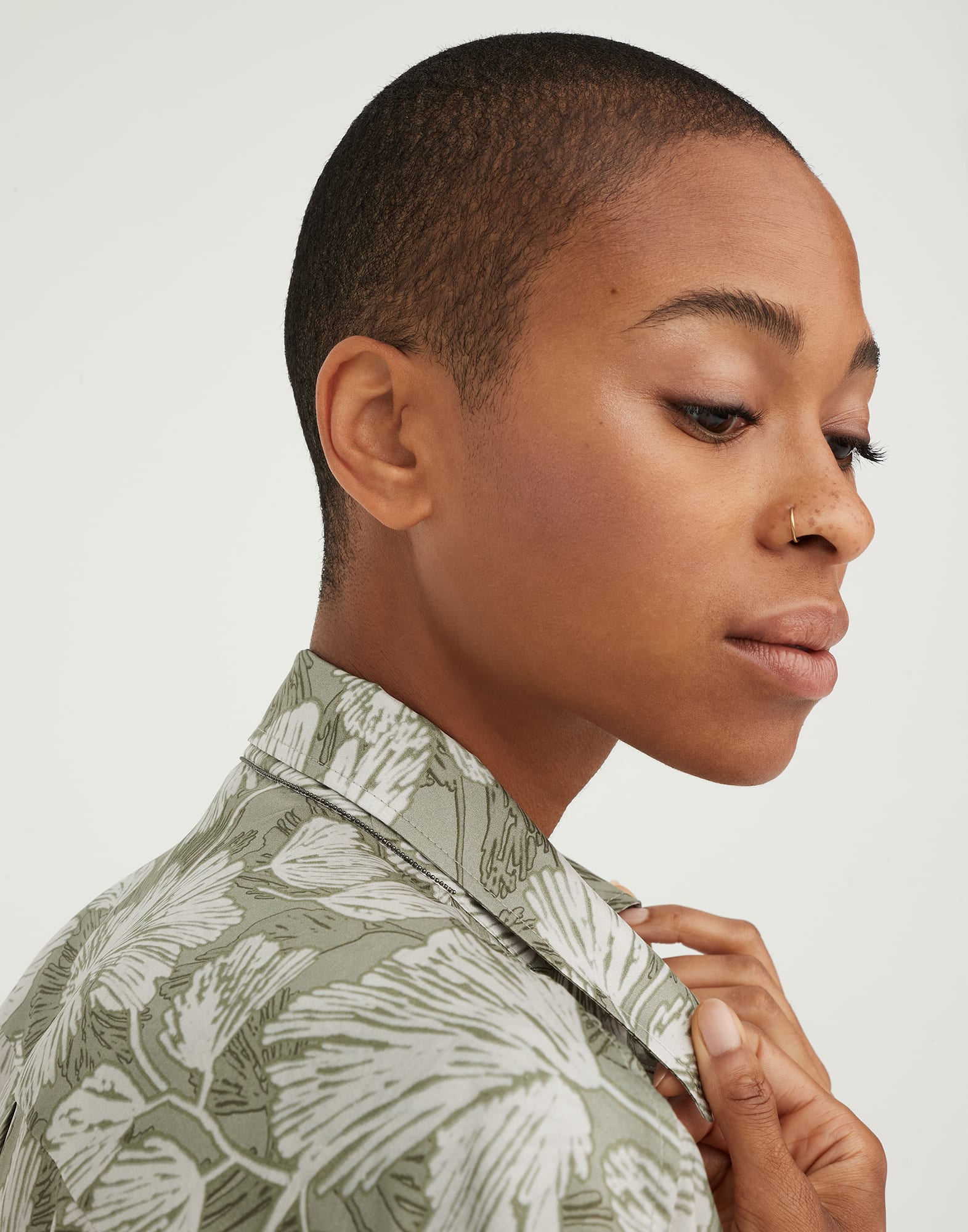 Silk ginkgo print pongee shirt with monili