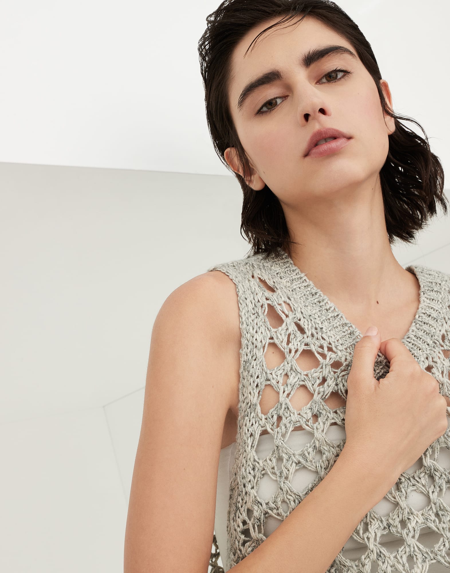 Jute and cotton mesh knit top
