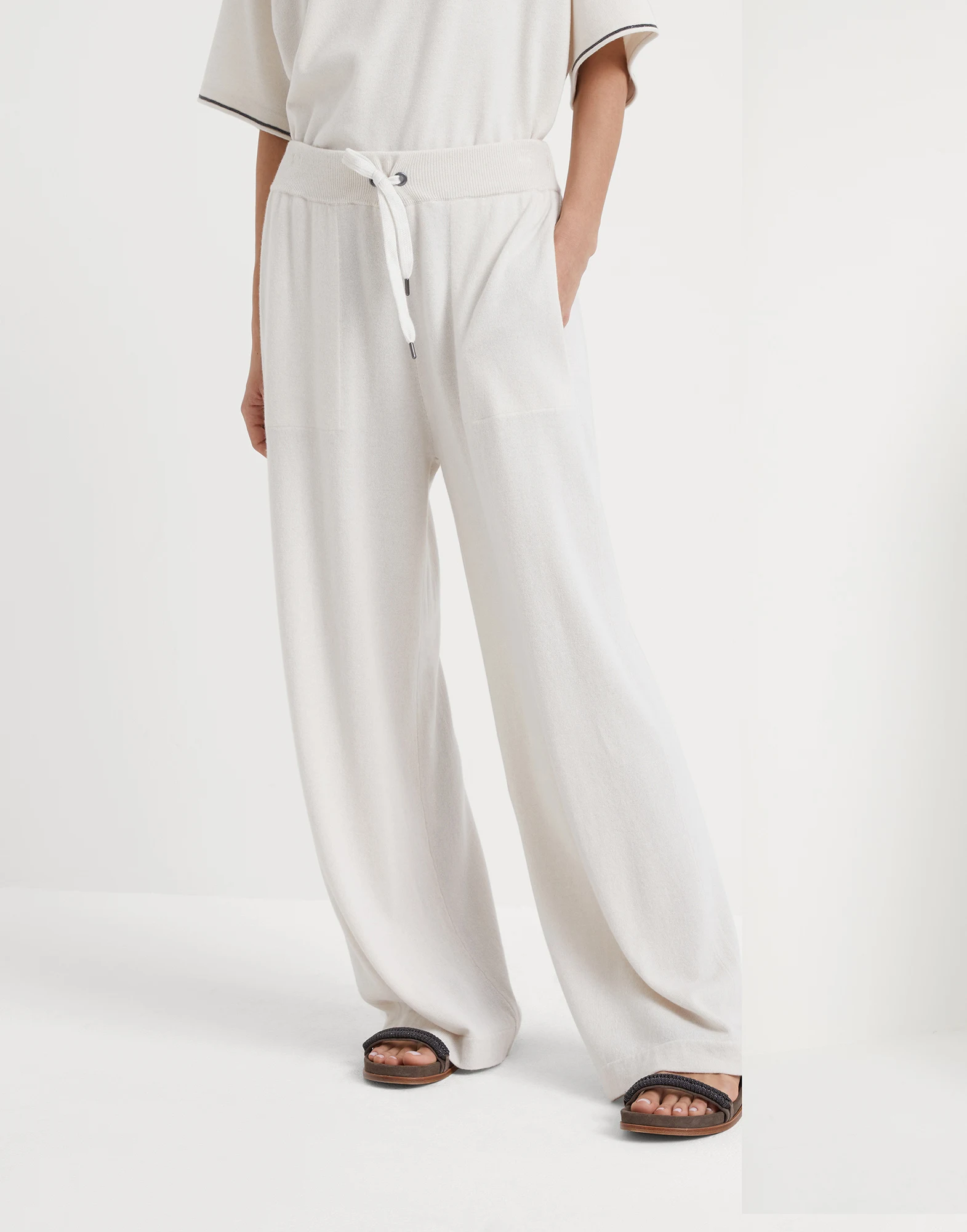 Virgin wool, cashmere and silk knit trousers with shiny pocket detail