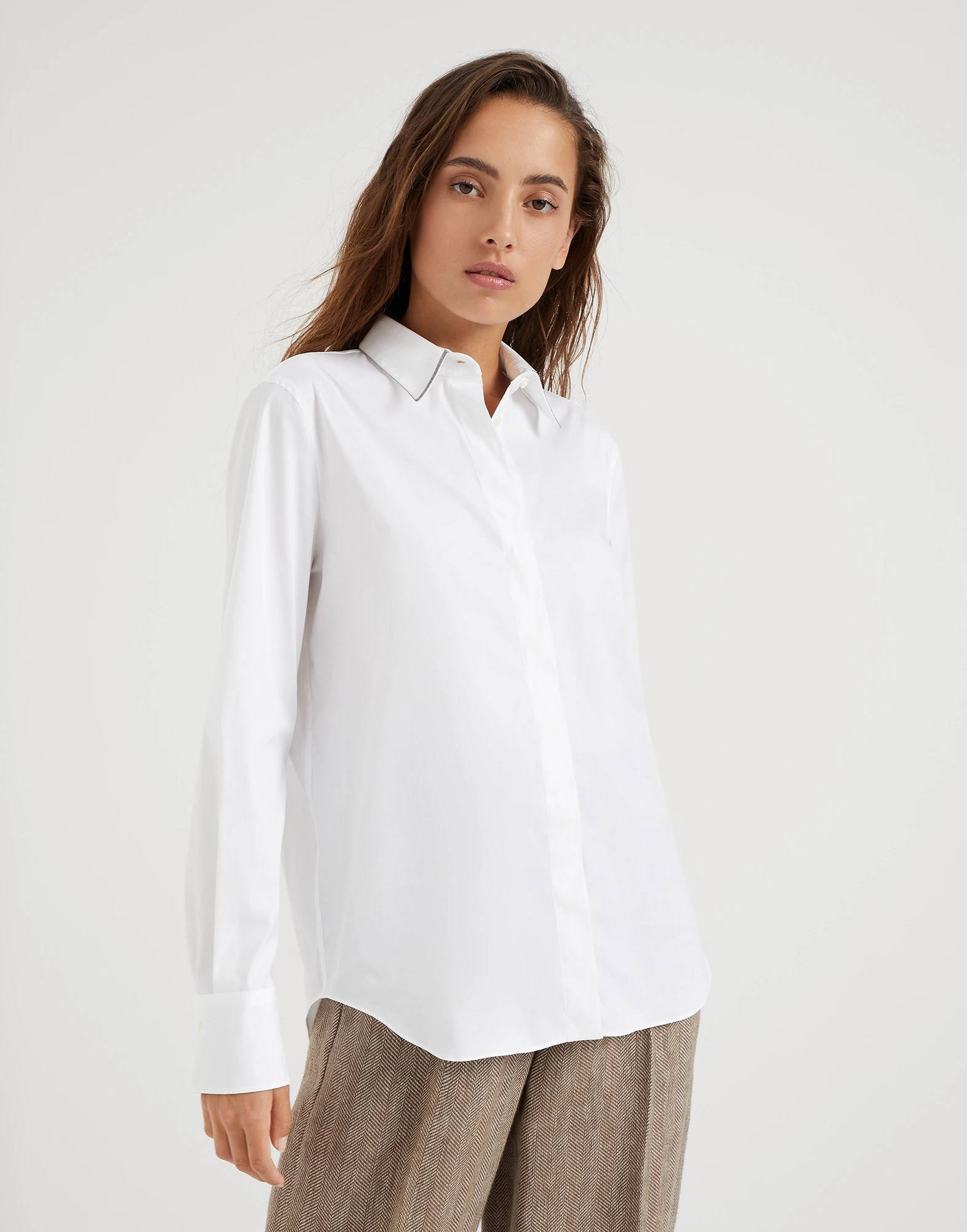 Stretch cotton poplin shirt with shiny collar