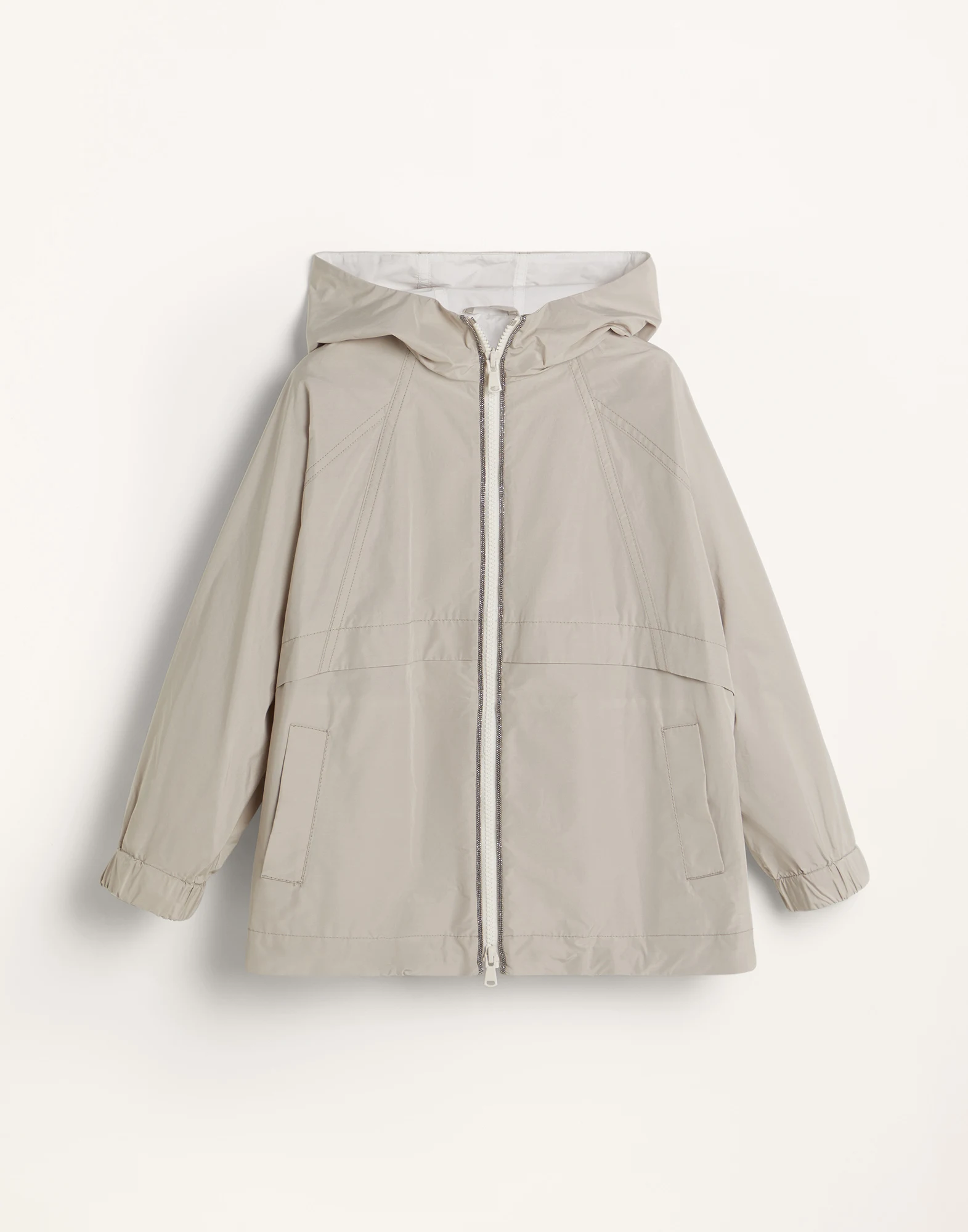 Water-resistant taffeta hooded outerwear jacket with monili