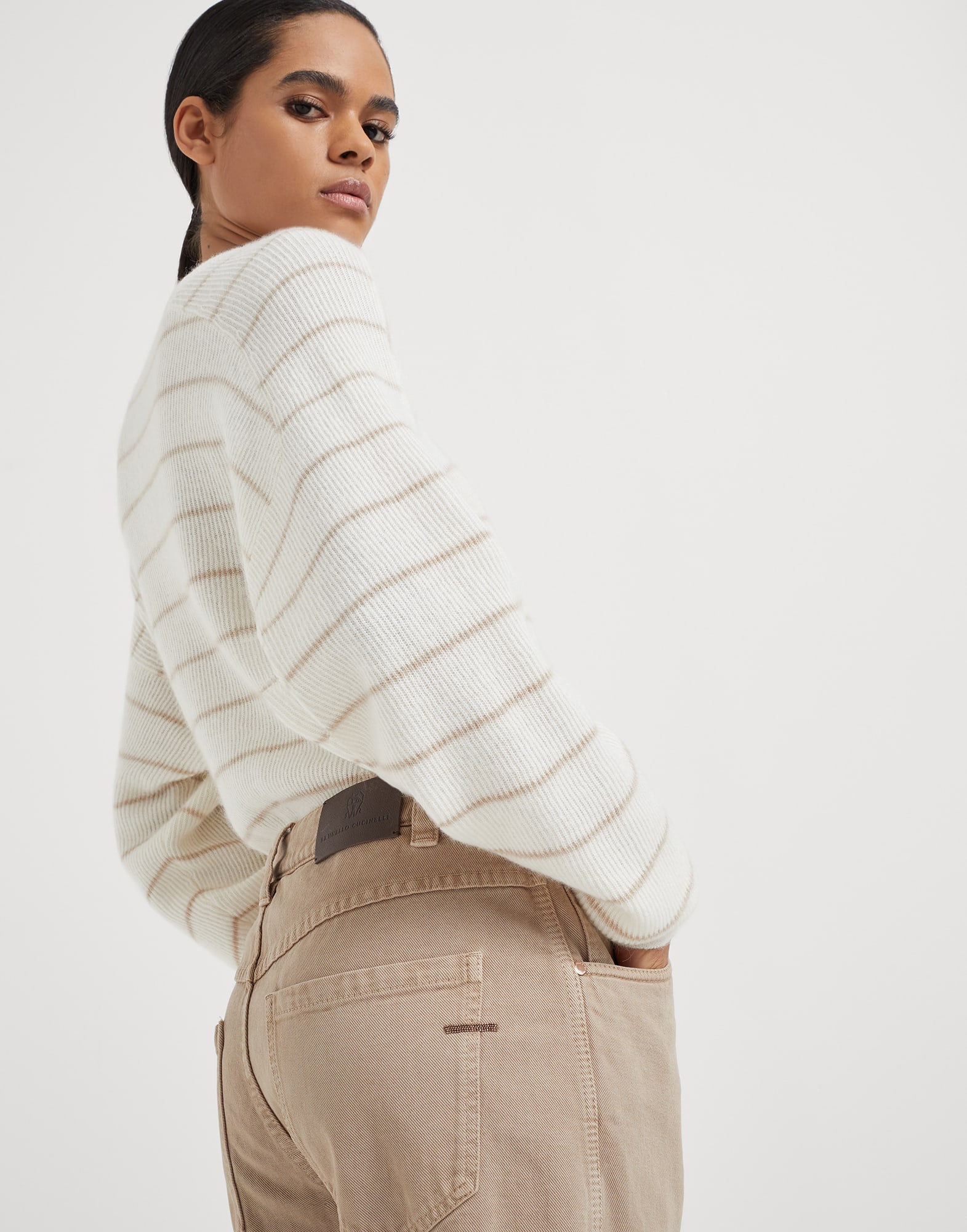 Stretch dyed denim straight trousers with shiny bartack