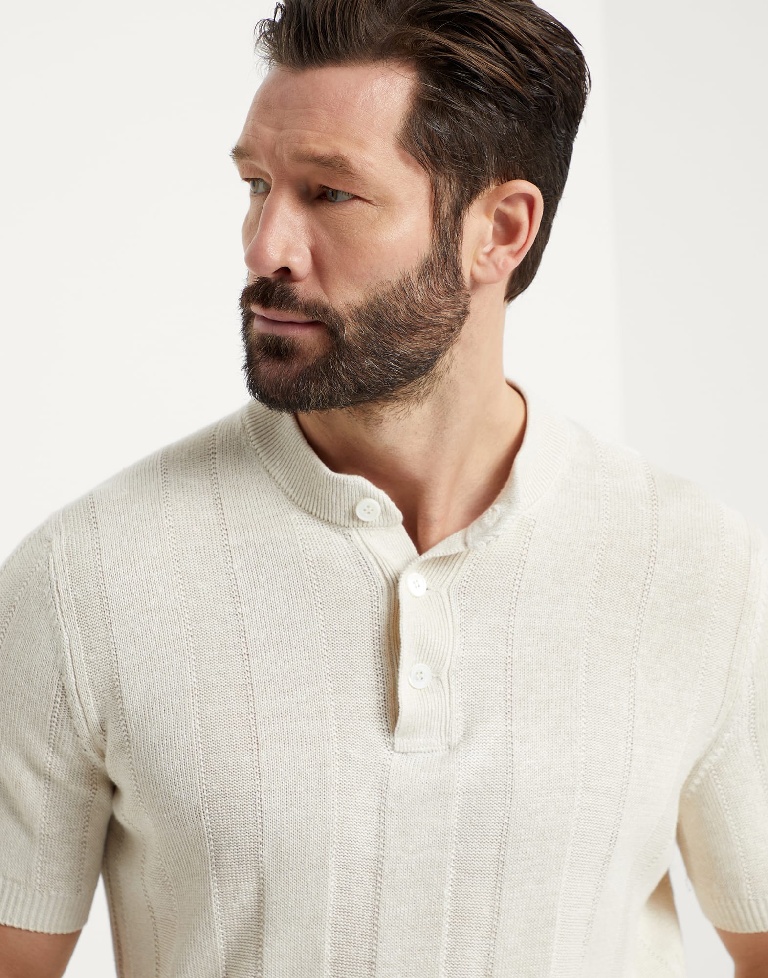 Linen and cotton textured rib knit T-shirt with Henley collar