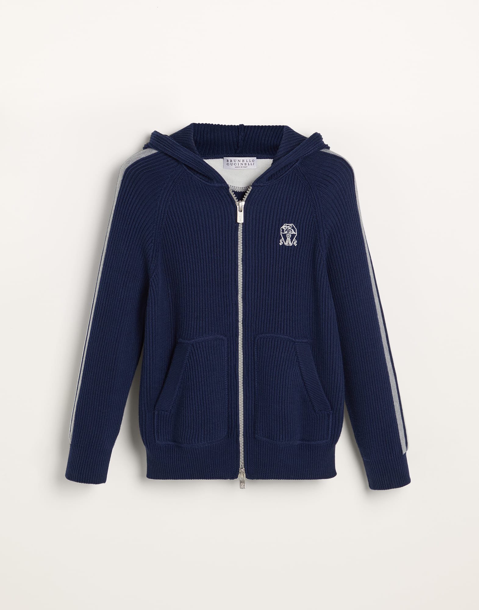 Cotton English rib hooded cardigan with stripe details