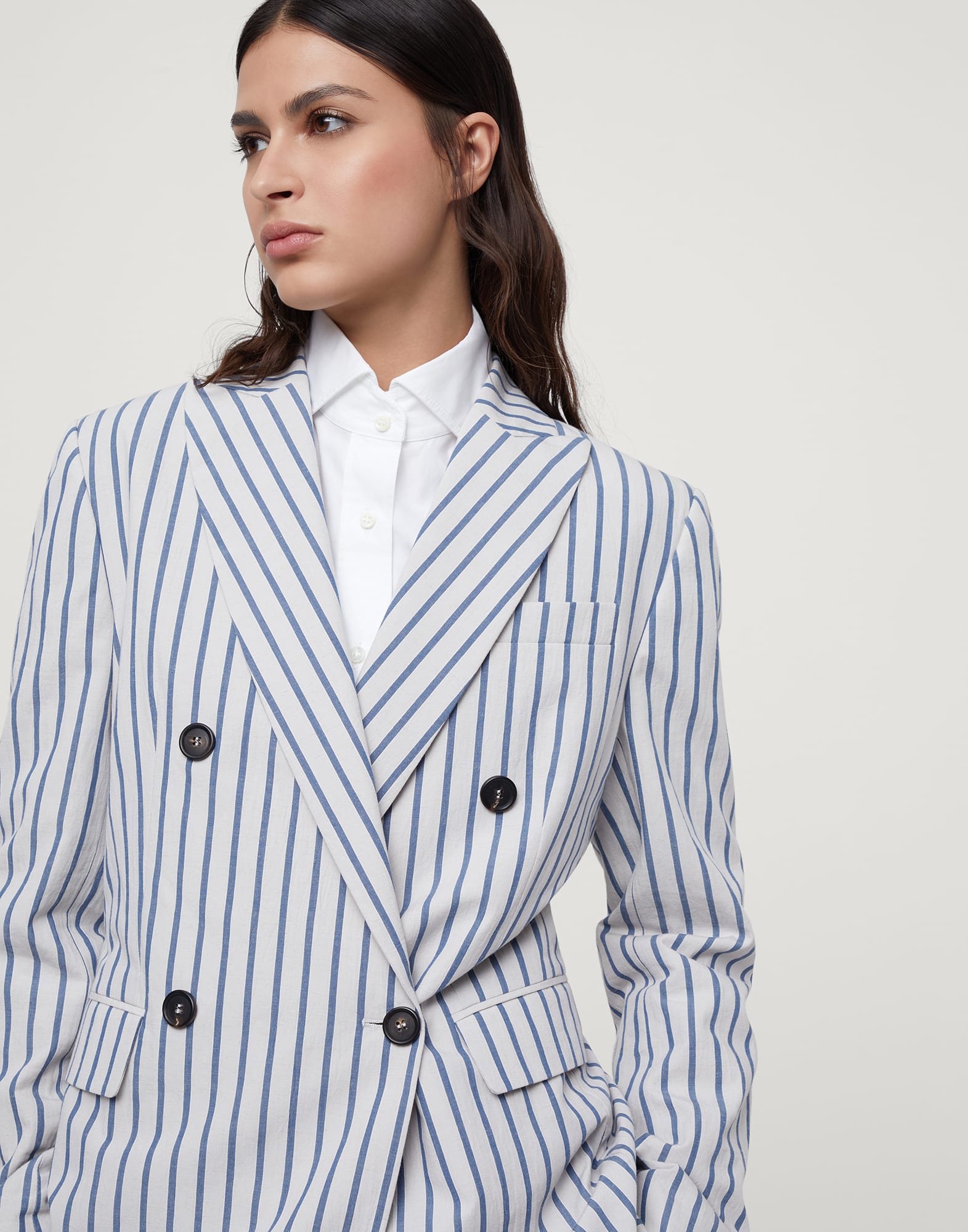 Striped cotton and linen wrinkled poplin matching set with monili