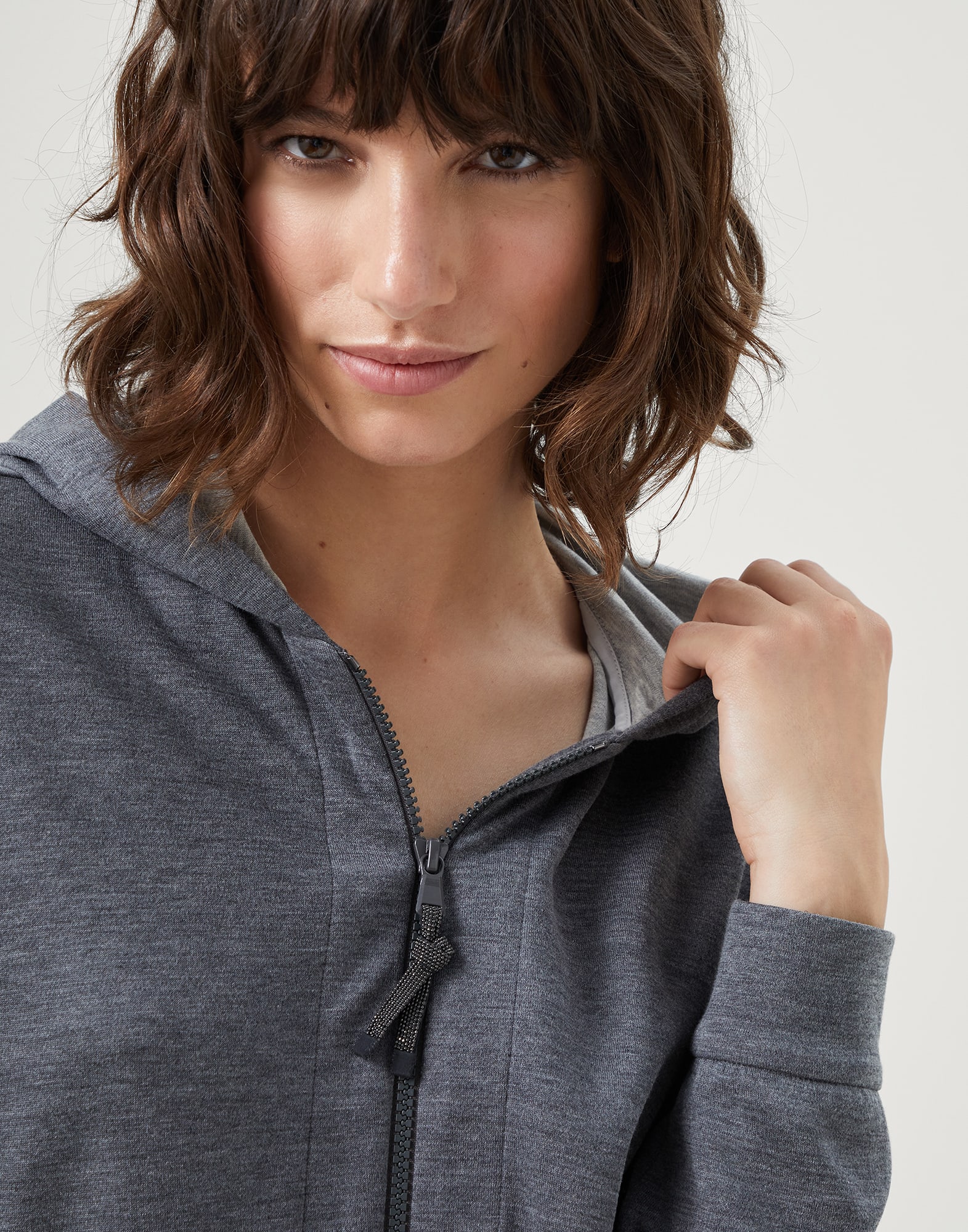 Cotton and silk interlock hooded sweatshirt with precious zipper pull