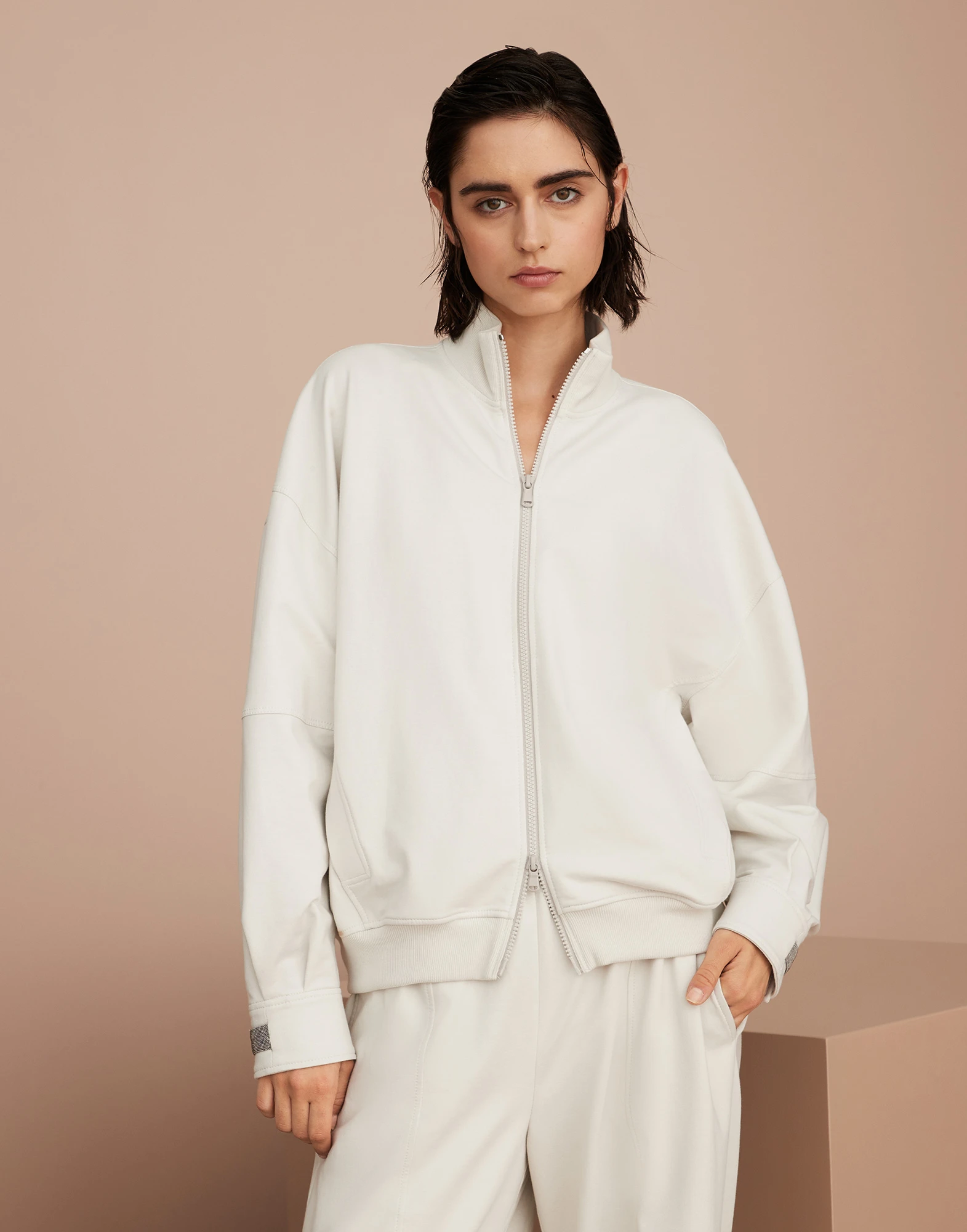 Stretch cotton lightweight French terry sweatshirt with shiny tabs