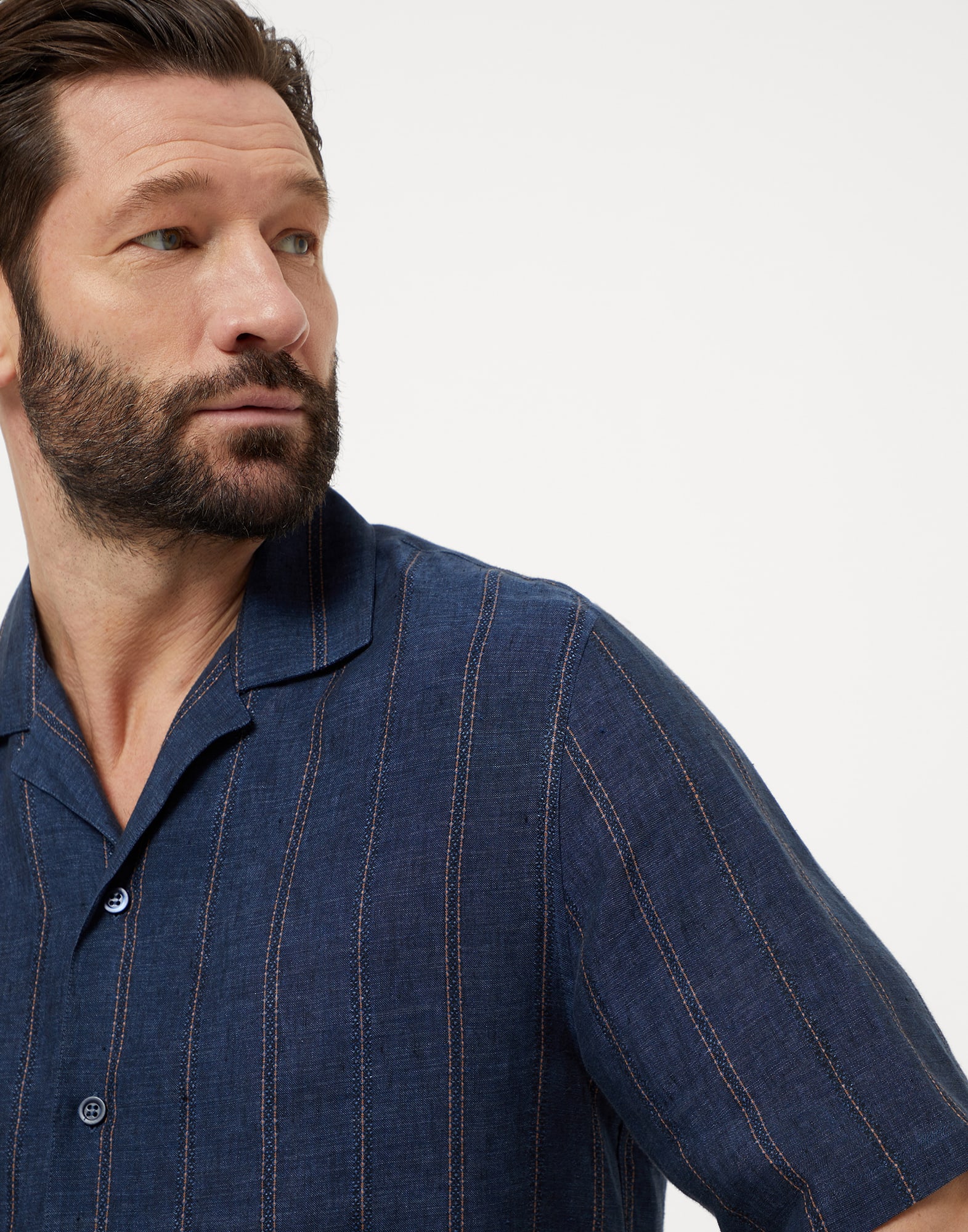 Textured stripe linen short sleeve easy fit shirt with camp collar