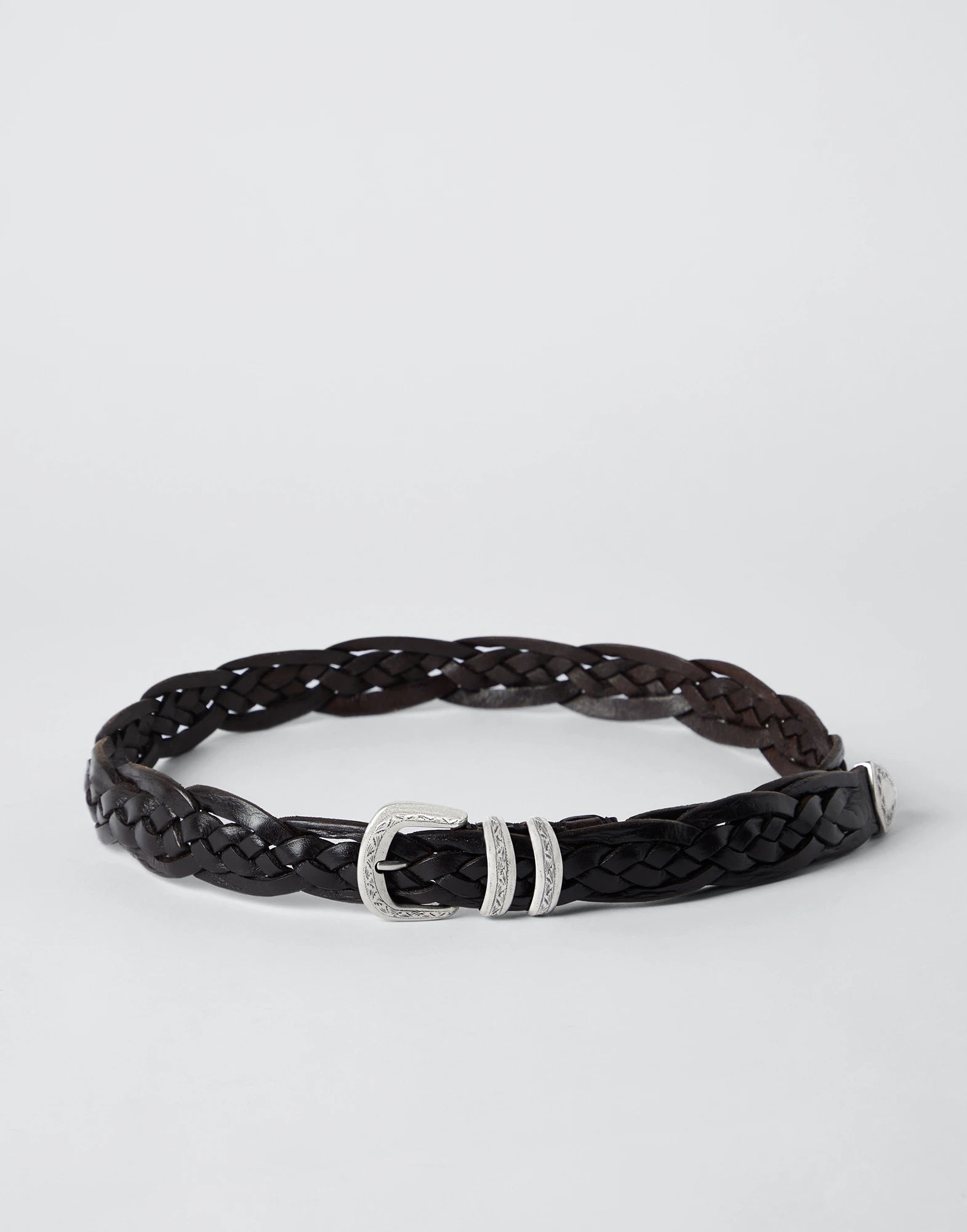 Braided calfskin belt with detailed buckle and tip