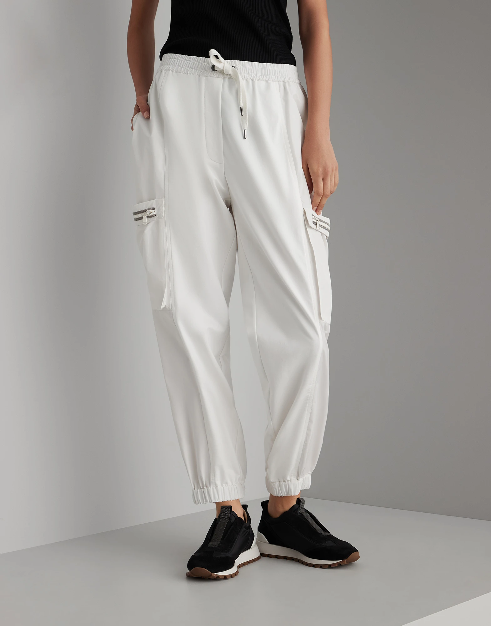 Stretch cotton lightweight French terry cargo trousers with shiny pocket trim