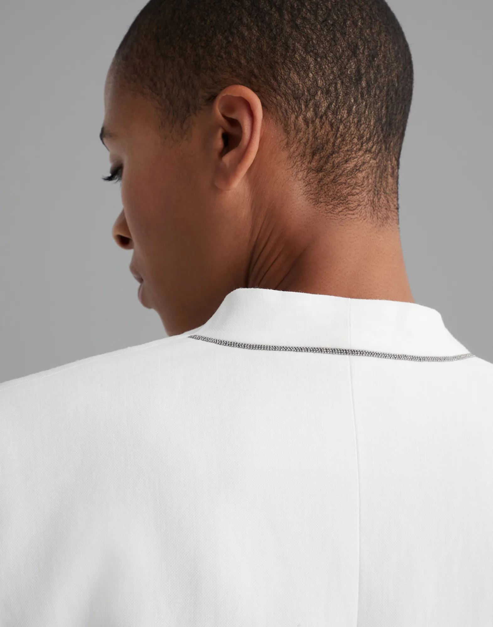 Viscose and linen fluid twill blazer with monili and cotton organza insert
