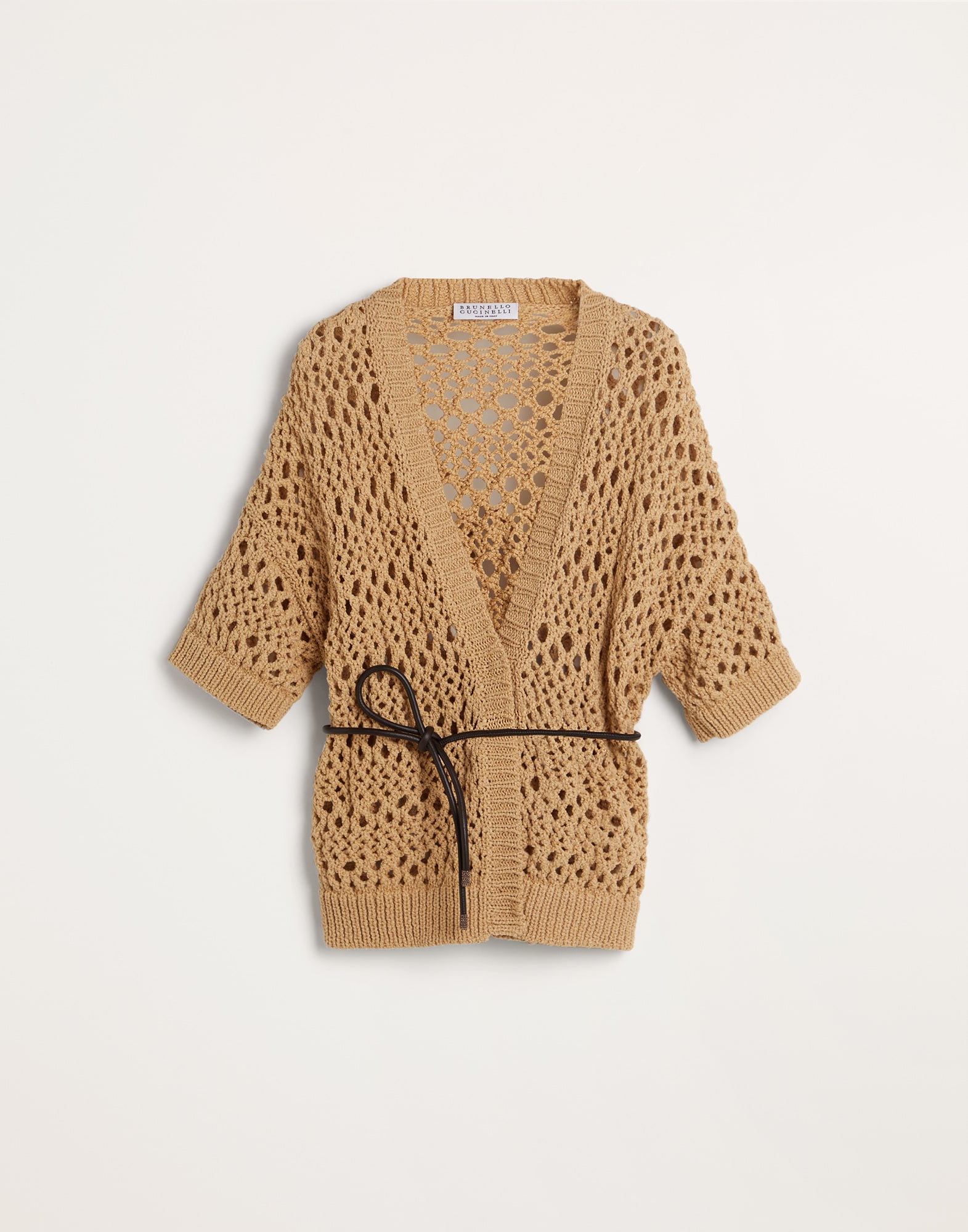 Techno cotton mesh cardigan with belt and monili