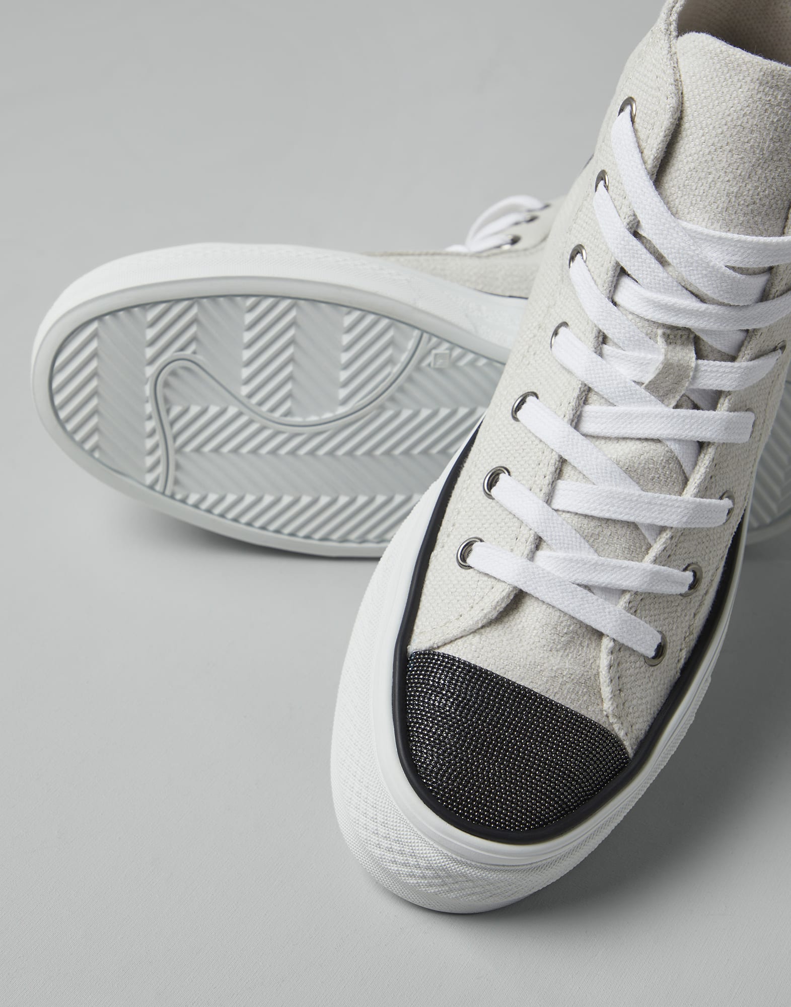 Cotton and linen canvas high top sneakers with precious toe