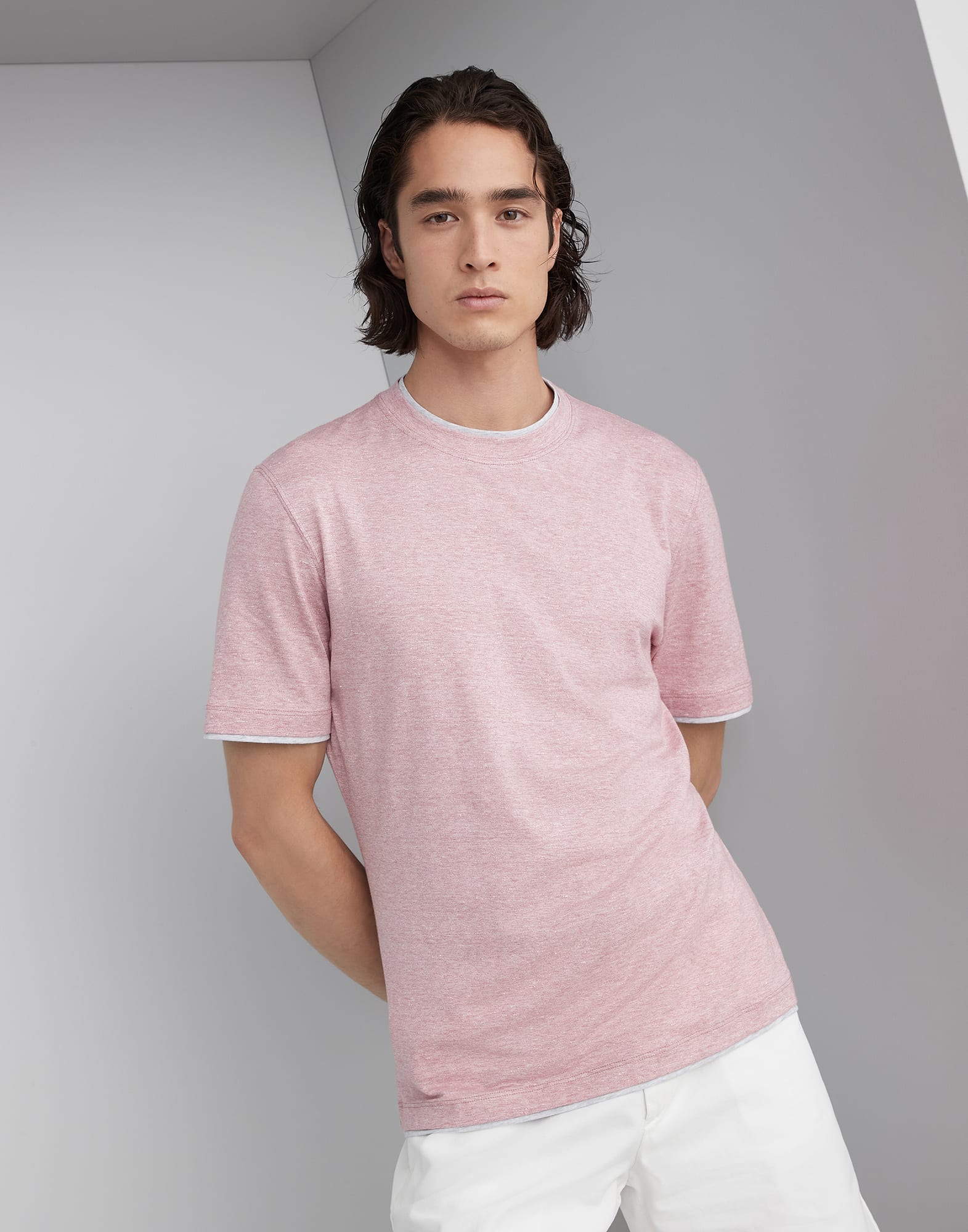 Linen and cotton jersey crew neck T-shirt with faux-layering