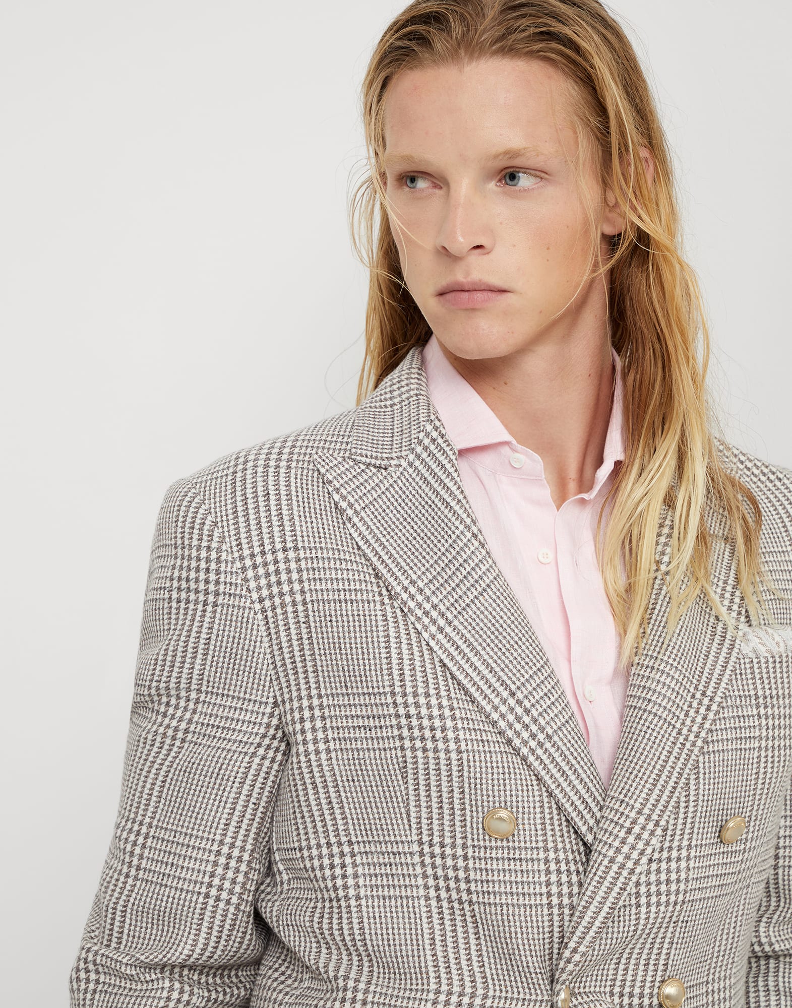Linen, silk, wool and cotton Prince of Wales one-and-a-half breasted blazer with patch pockets and metal buttons