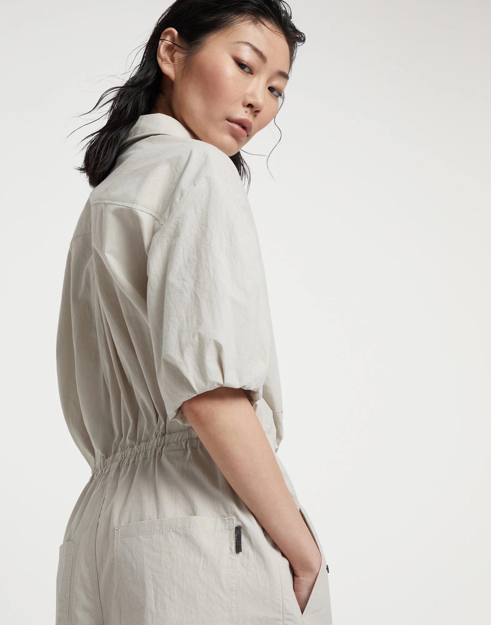 Lightweight wrinkled cotton poplin utility jumpsuit with monili