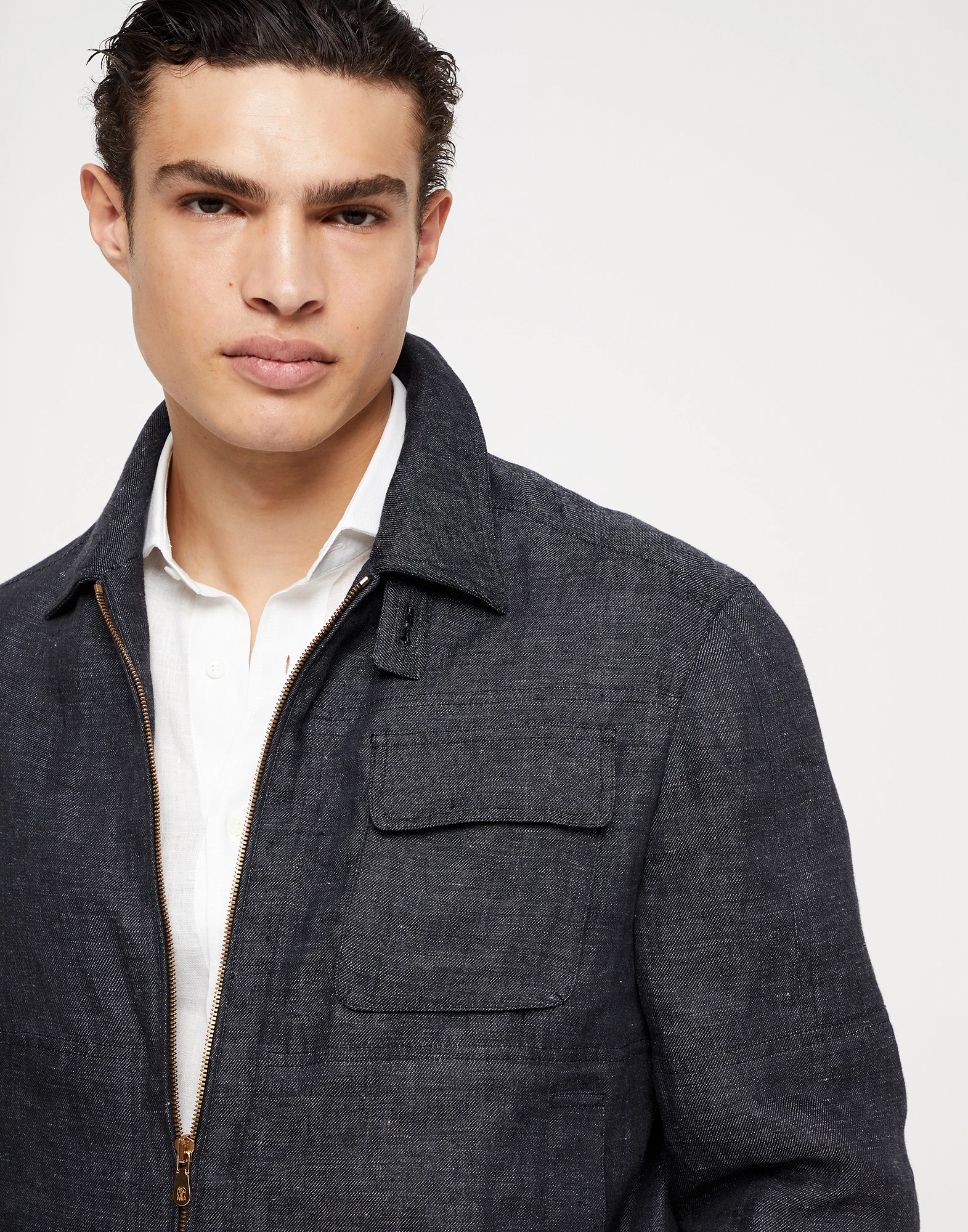 Denim-effect linen outerwear jacket with chest pocket