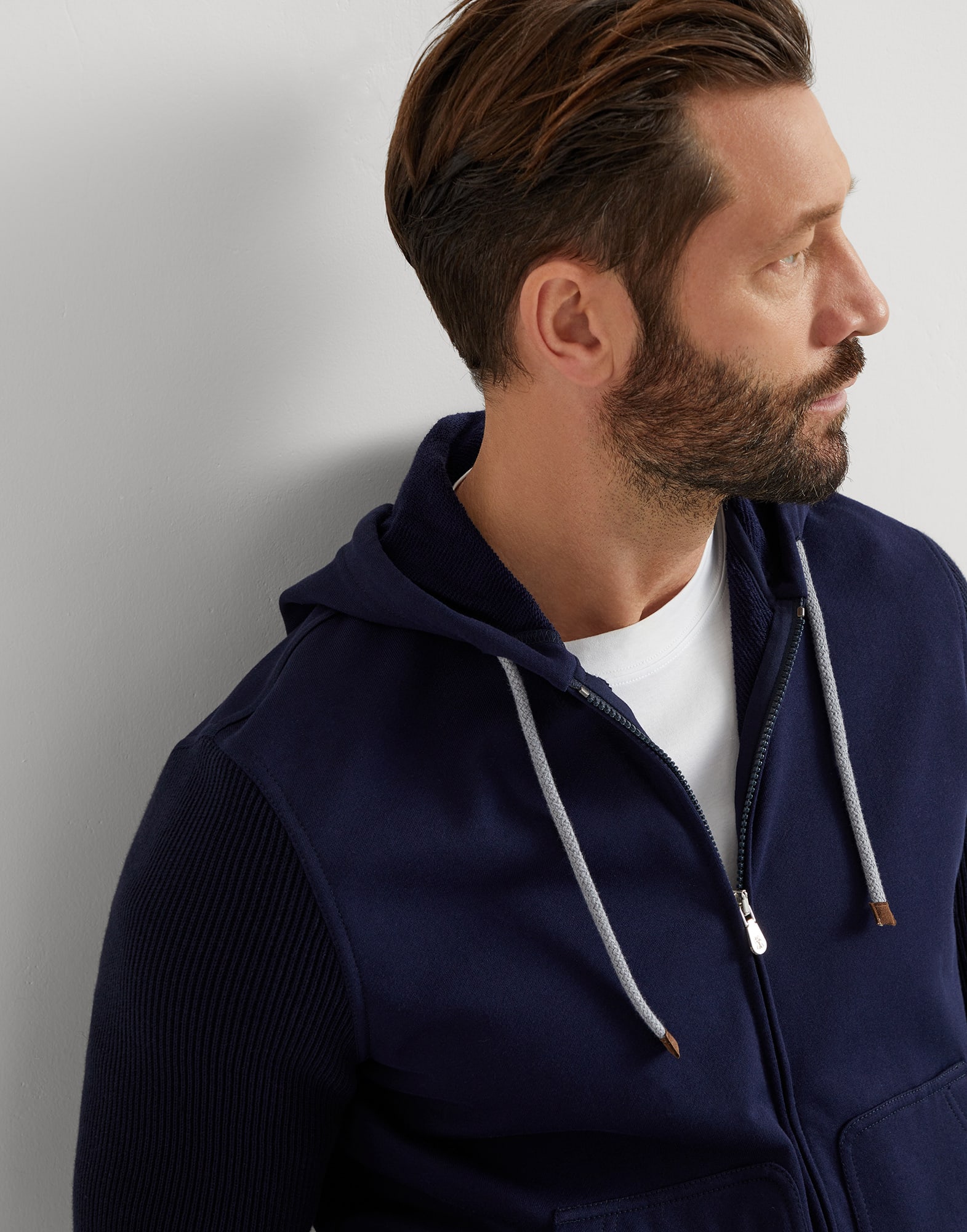 Cotton French terry hooded sweatshirt with zipper and cotton rib knit sleeves