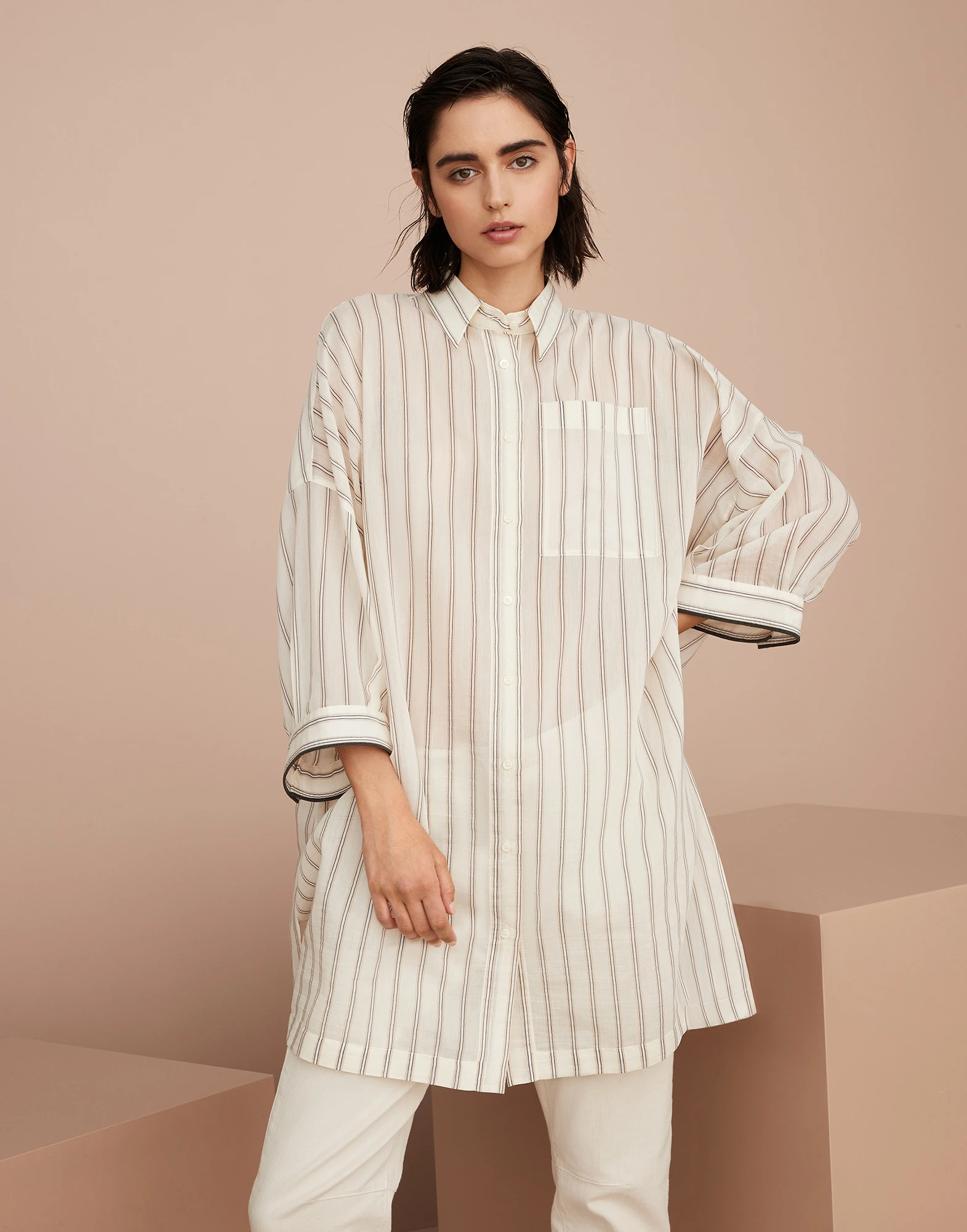 Cotton and silk striped poplin shirt with shiny cuff details