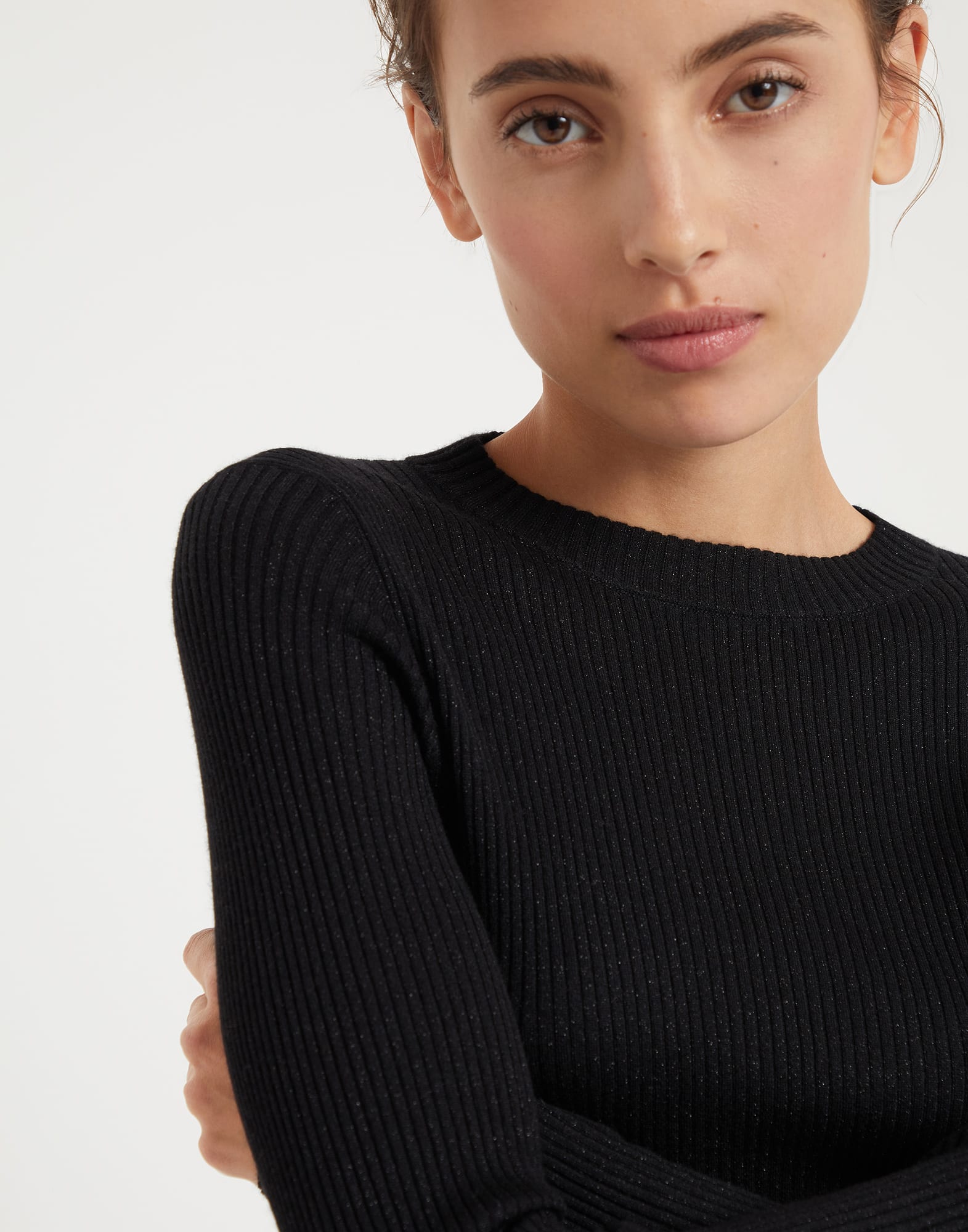 Sparkling cashmere and silk rib knit lightweight sweater