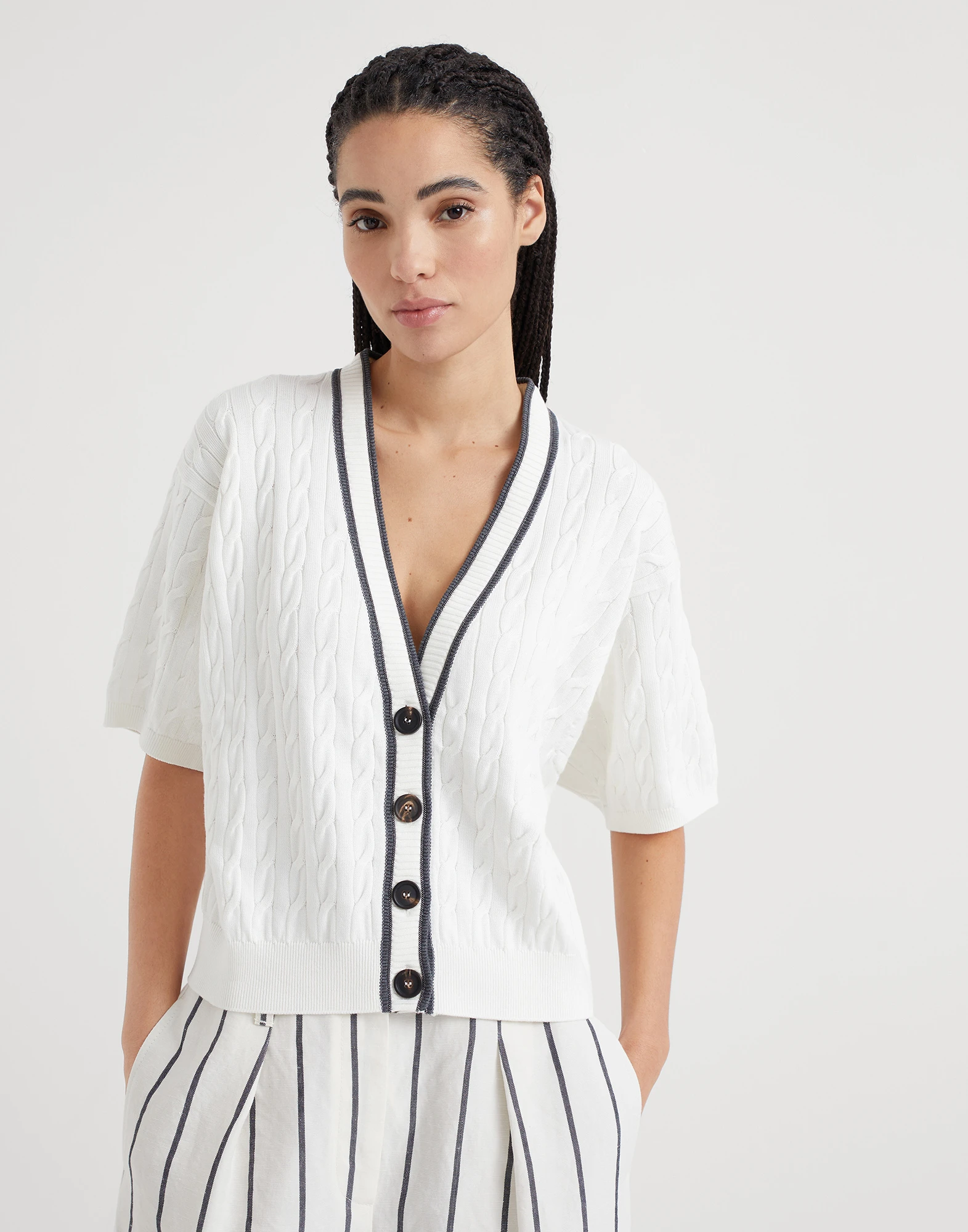Cotton cable knit cardigan with shiny contrast trims