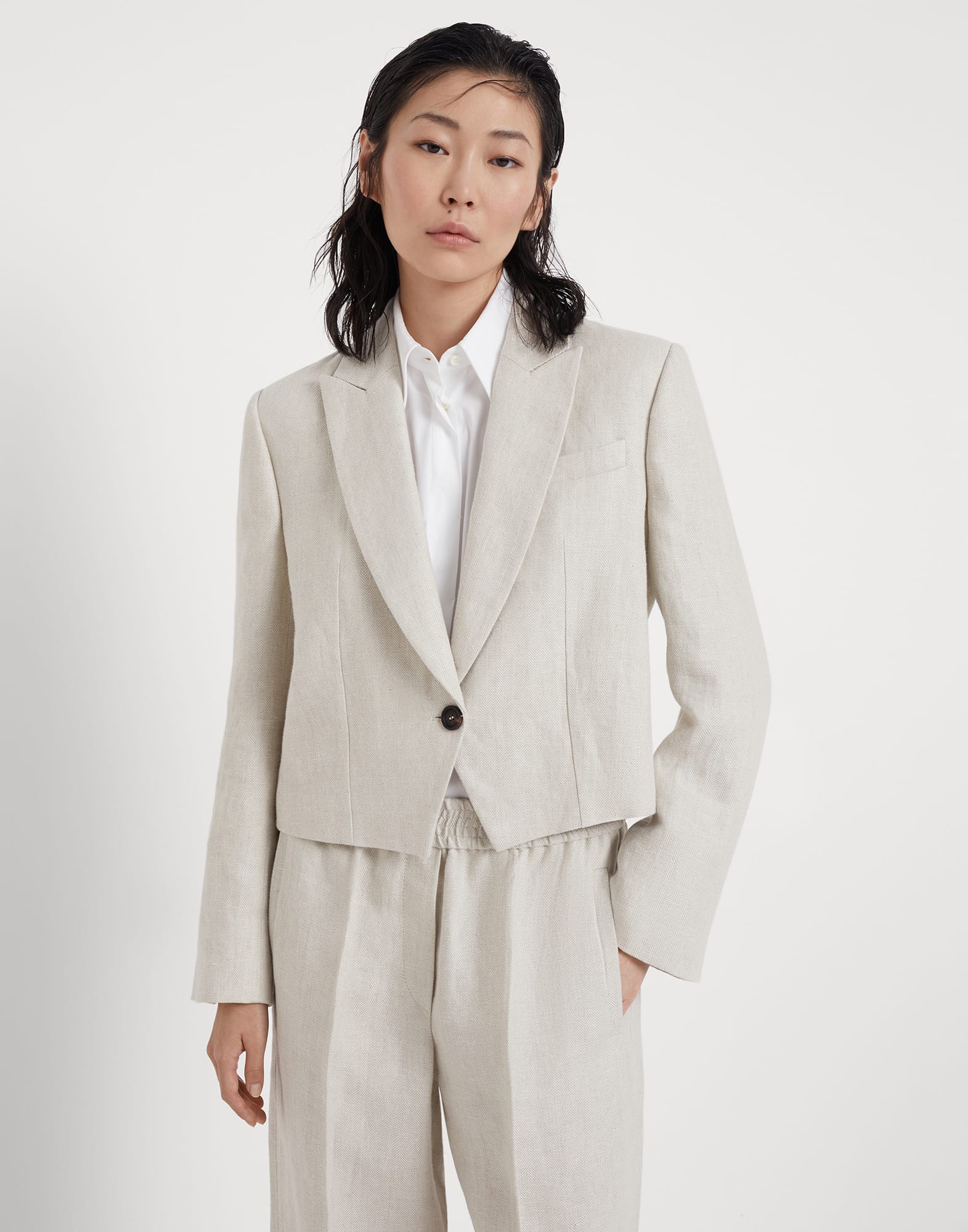 Linen chevron cropped blazer with monili