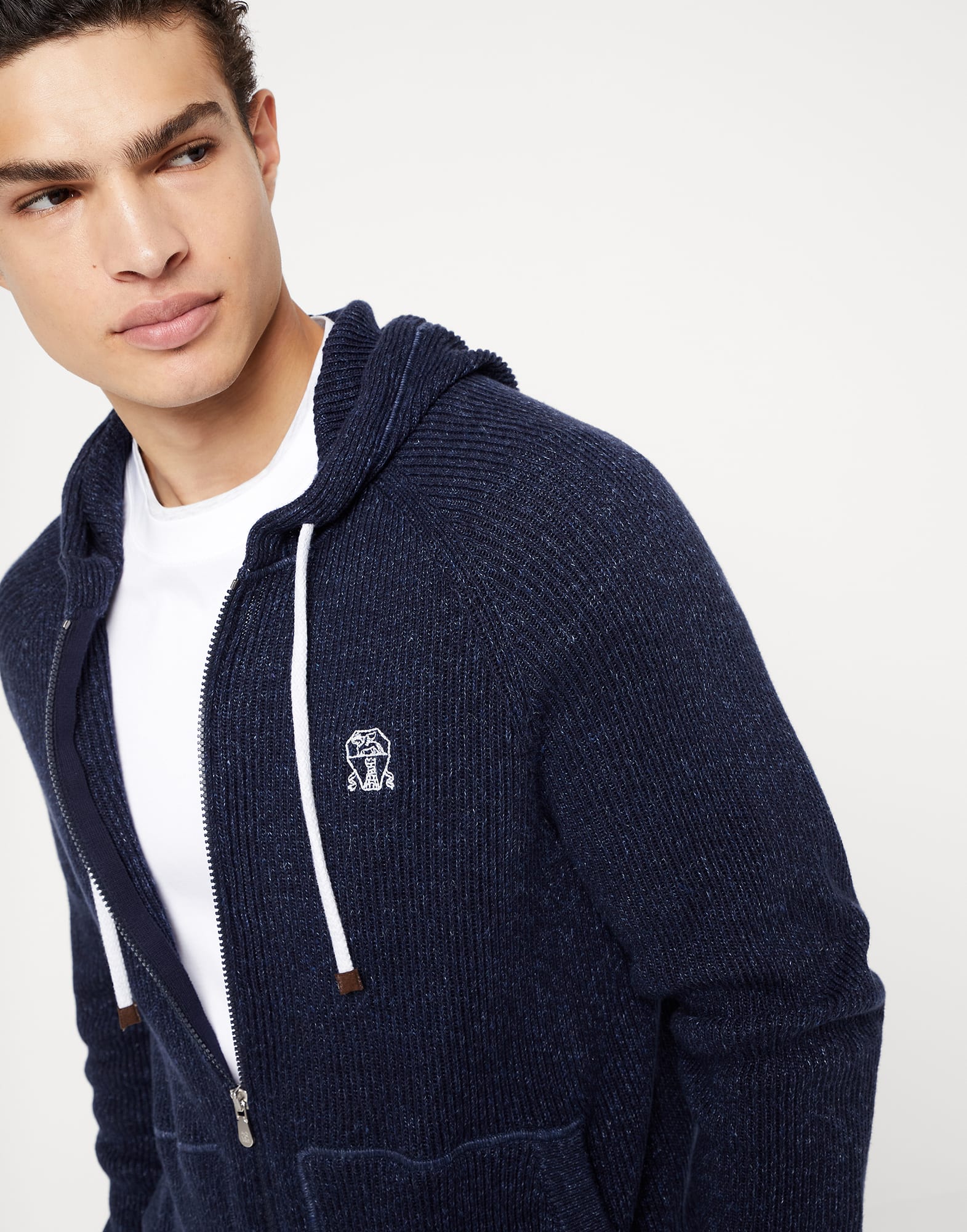 Cotton and linen English rib knit hooded sweatshirt with zipper
