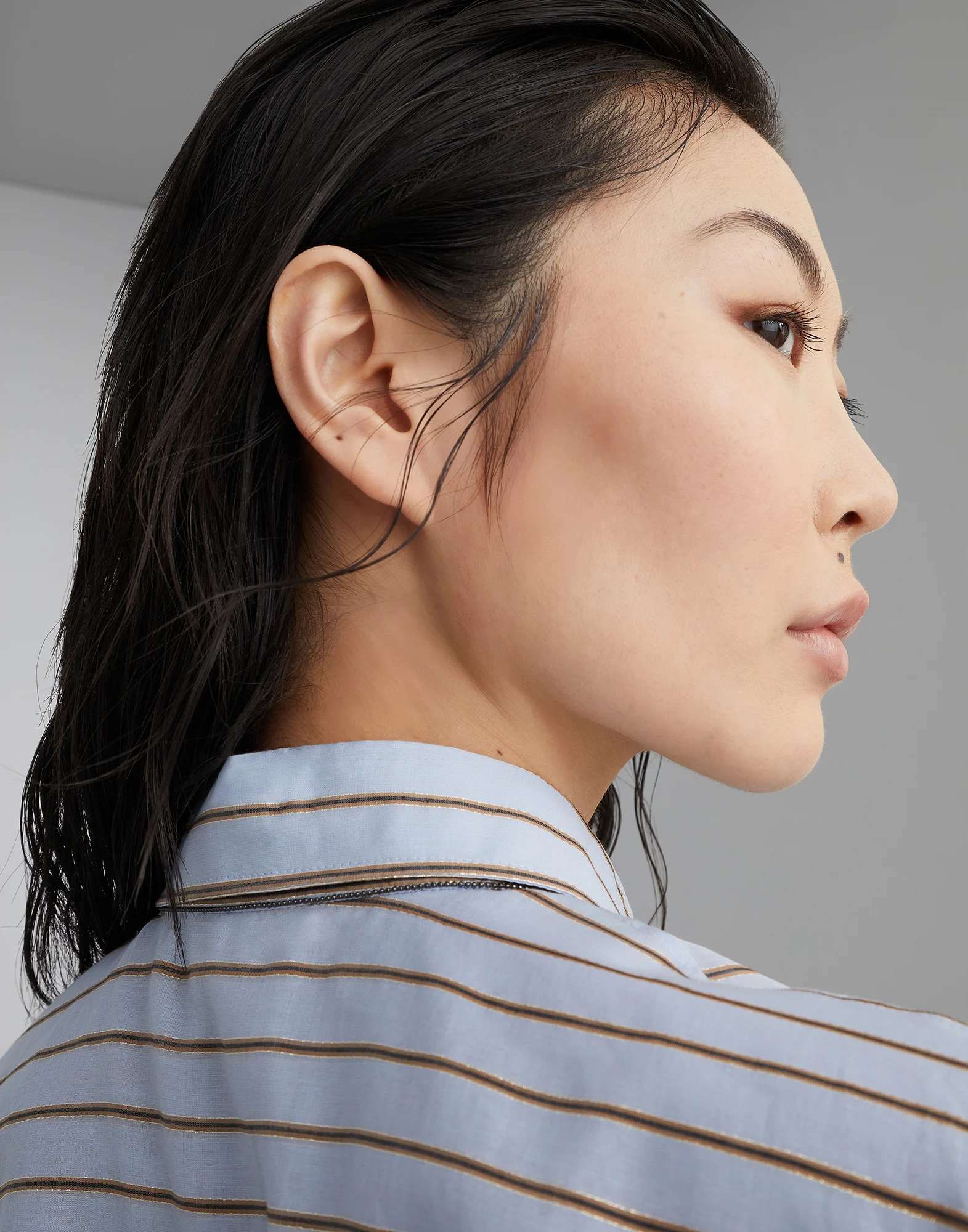Cotton and silk sparkling stripe poplin shirt with monili