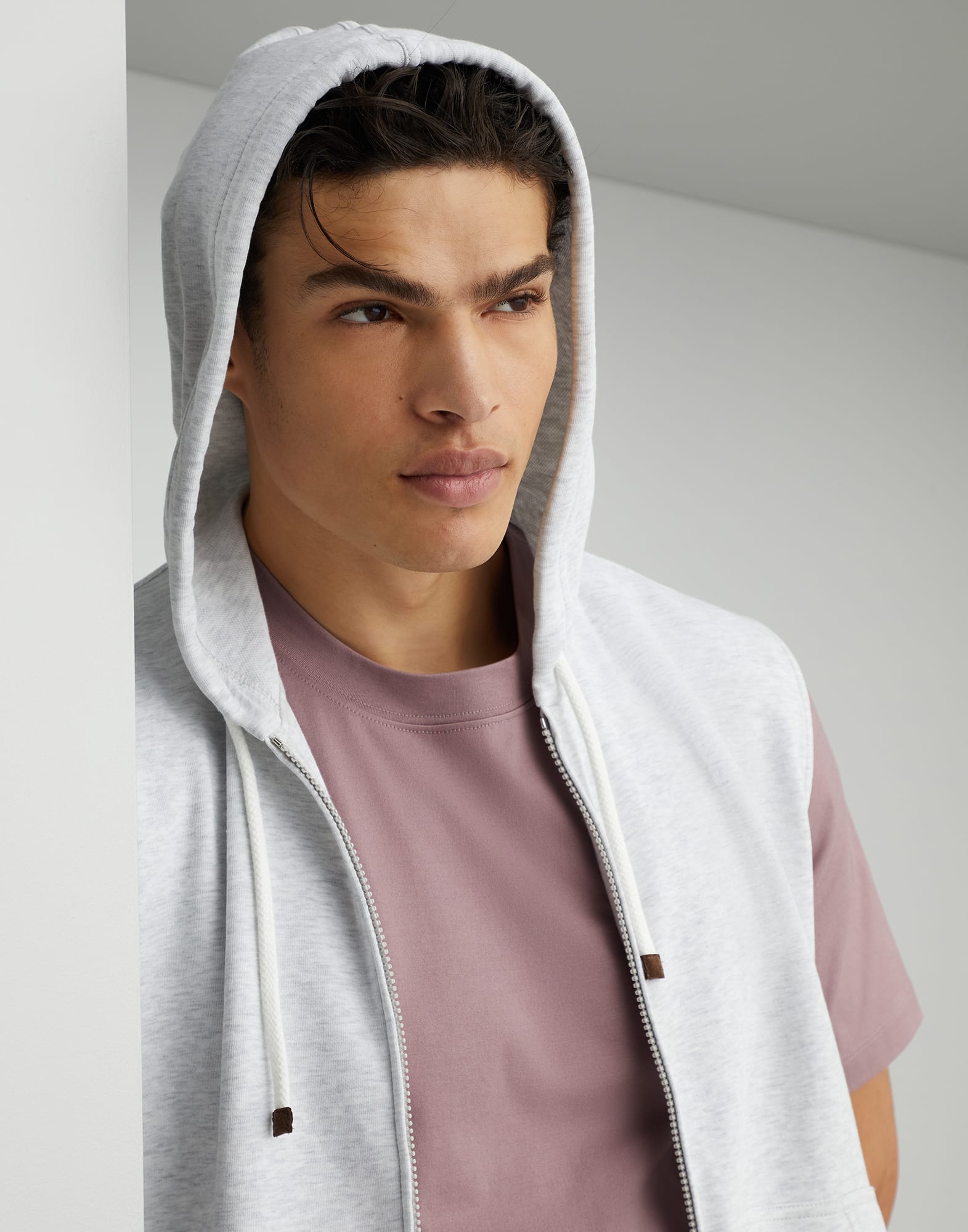 Techno cotton French terry sleeveless sweatshirt with zipper and hood