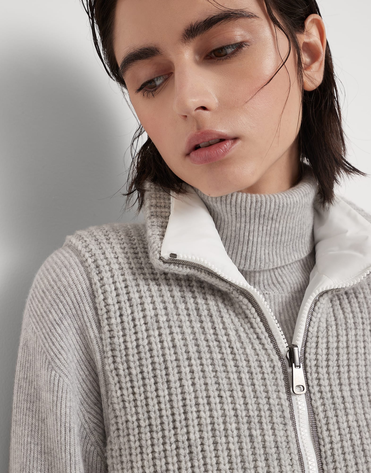 Cashmere Feather yarn reversible knit down vest with monili