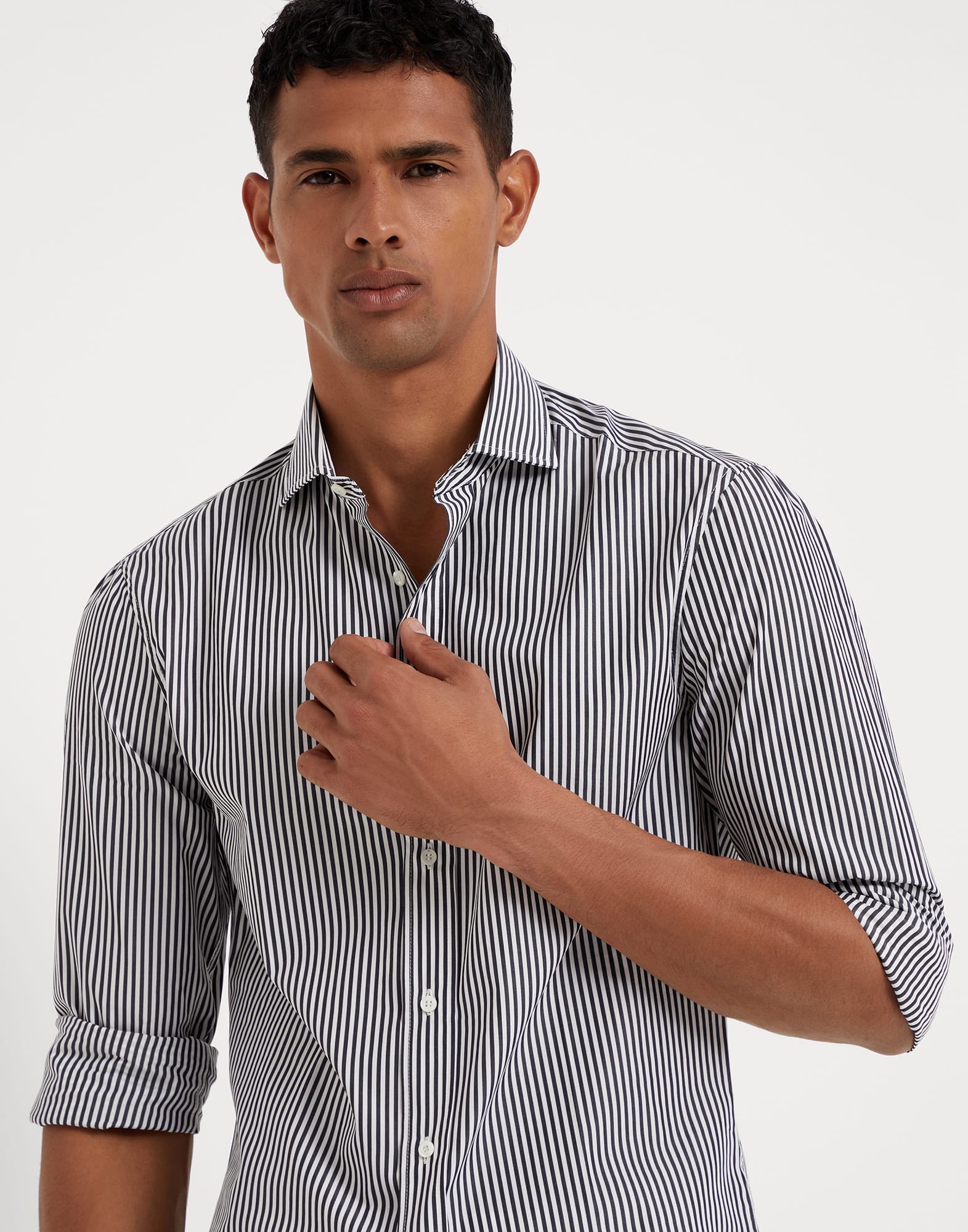 Striped poplin slim fit shirt with spread collar