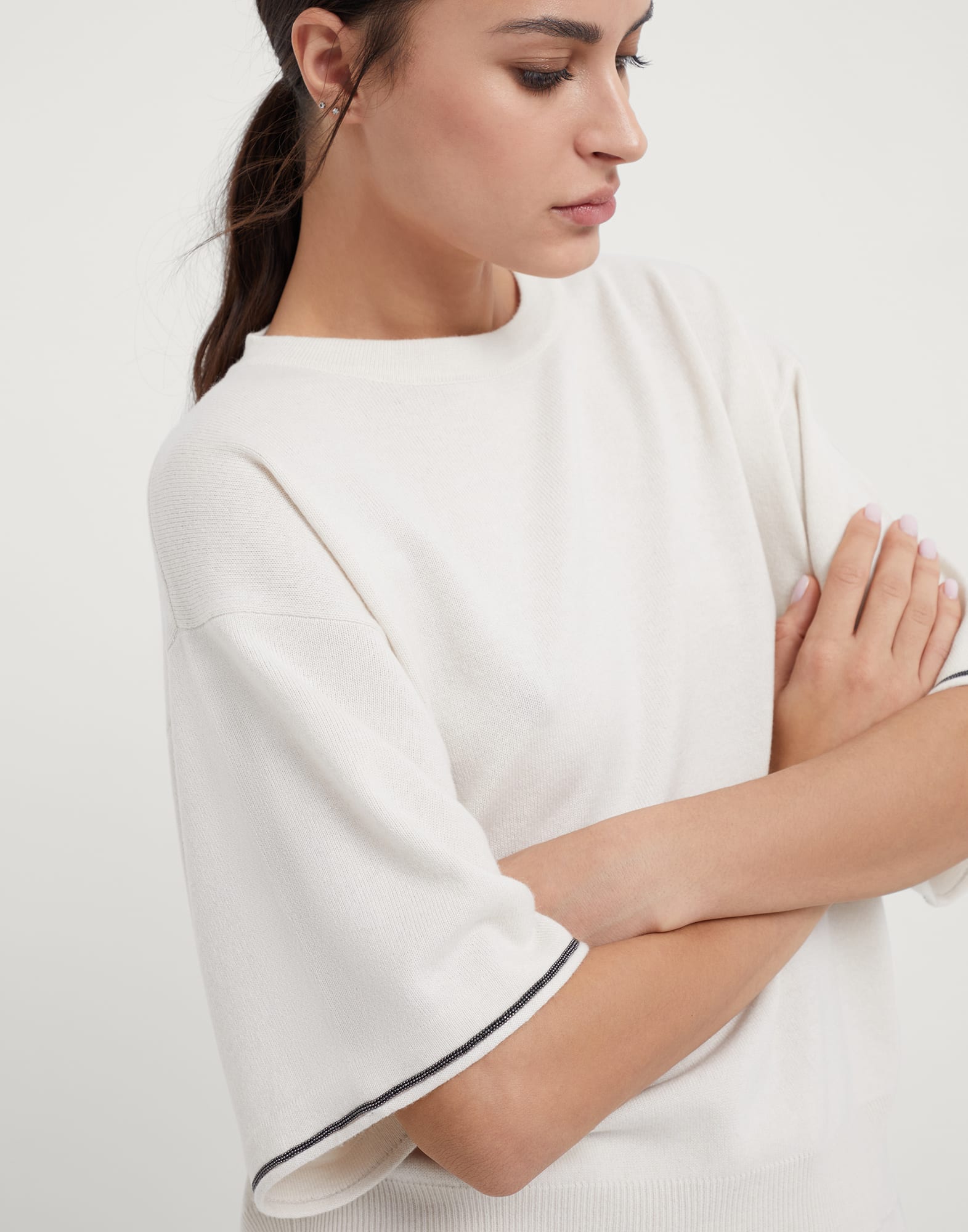 Virgin wool, cashmere and silk sweater with shiny cuff details