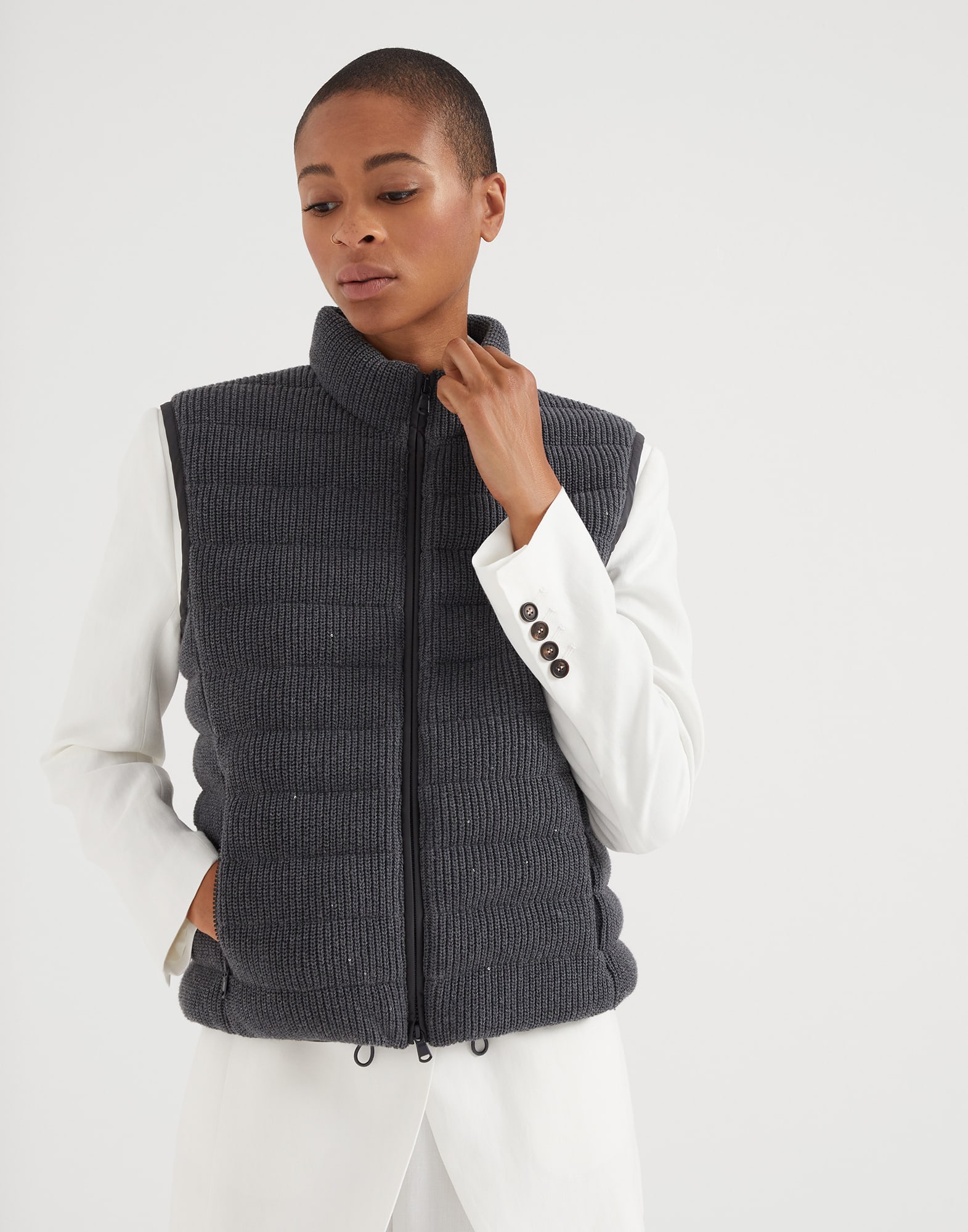 Dazzling cotton English rib knit down vest with monili