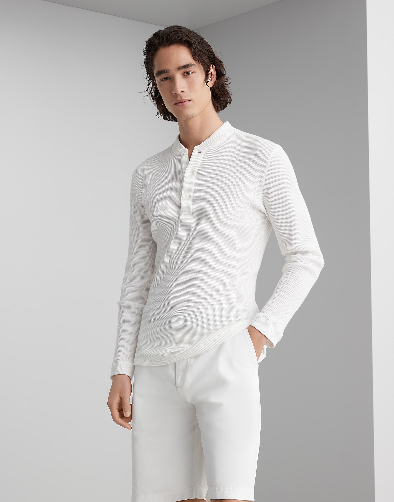 Cotton waffle pique long sleeve T-shirt with Henley collar