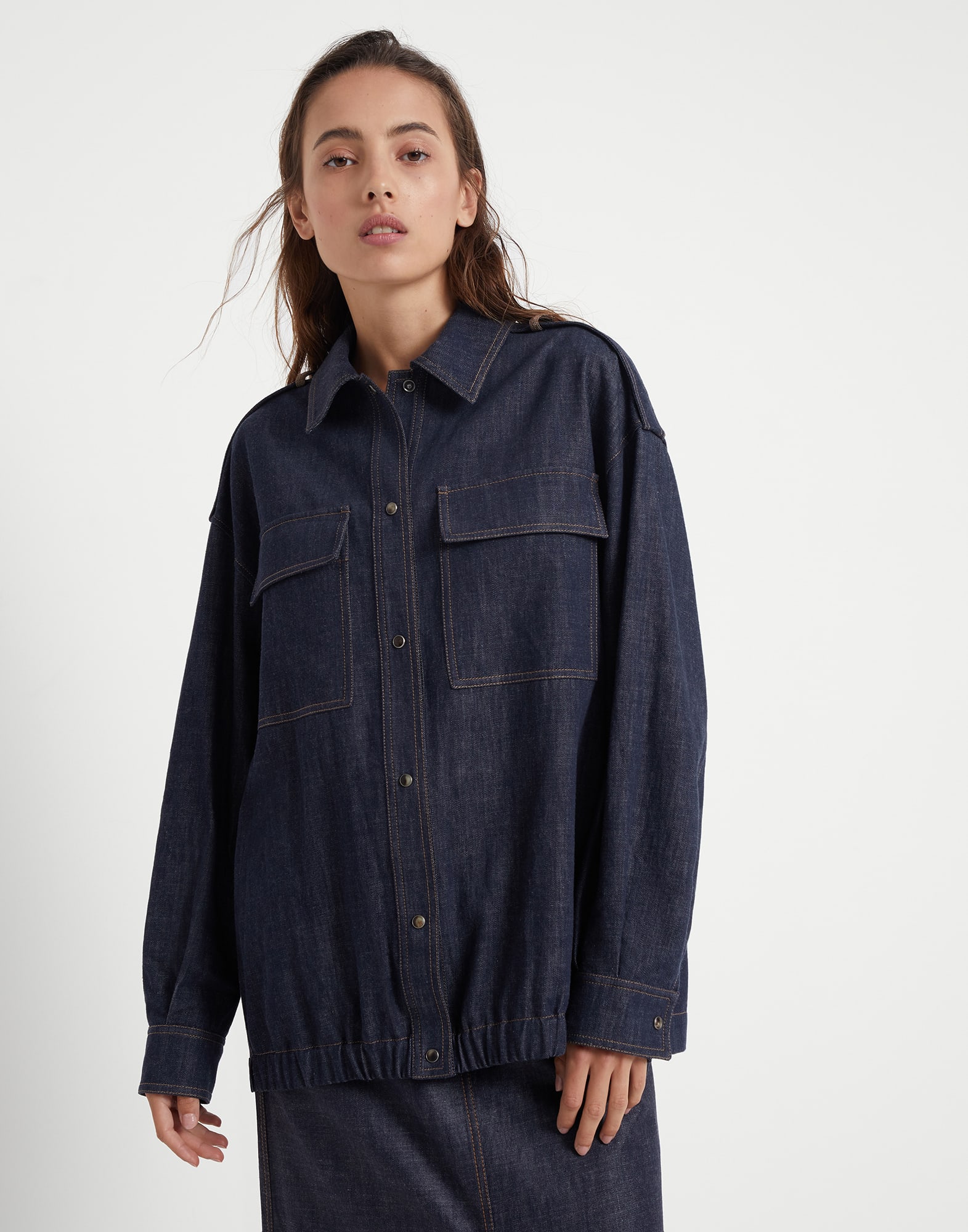 Dark polished denim shirt with shiny epaulettes