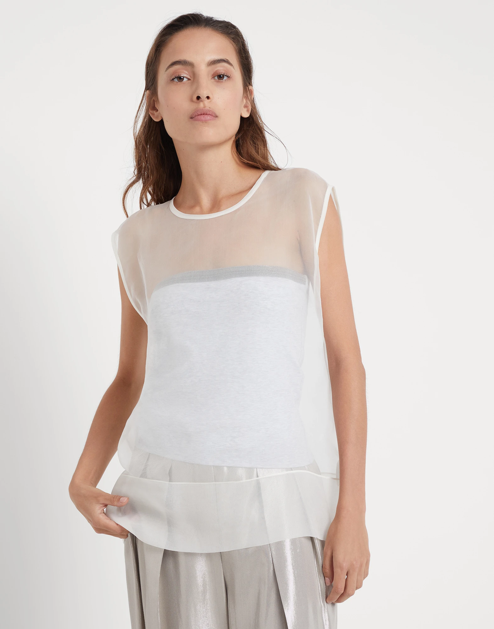Crispy silk top with shiny trim bandeau in stretch cotton jersey