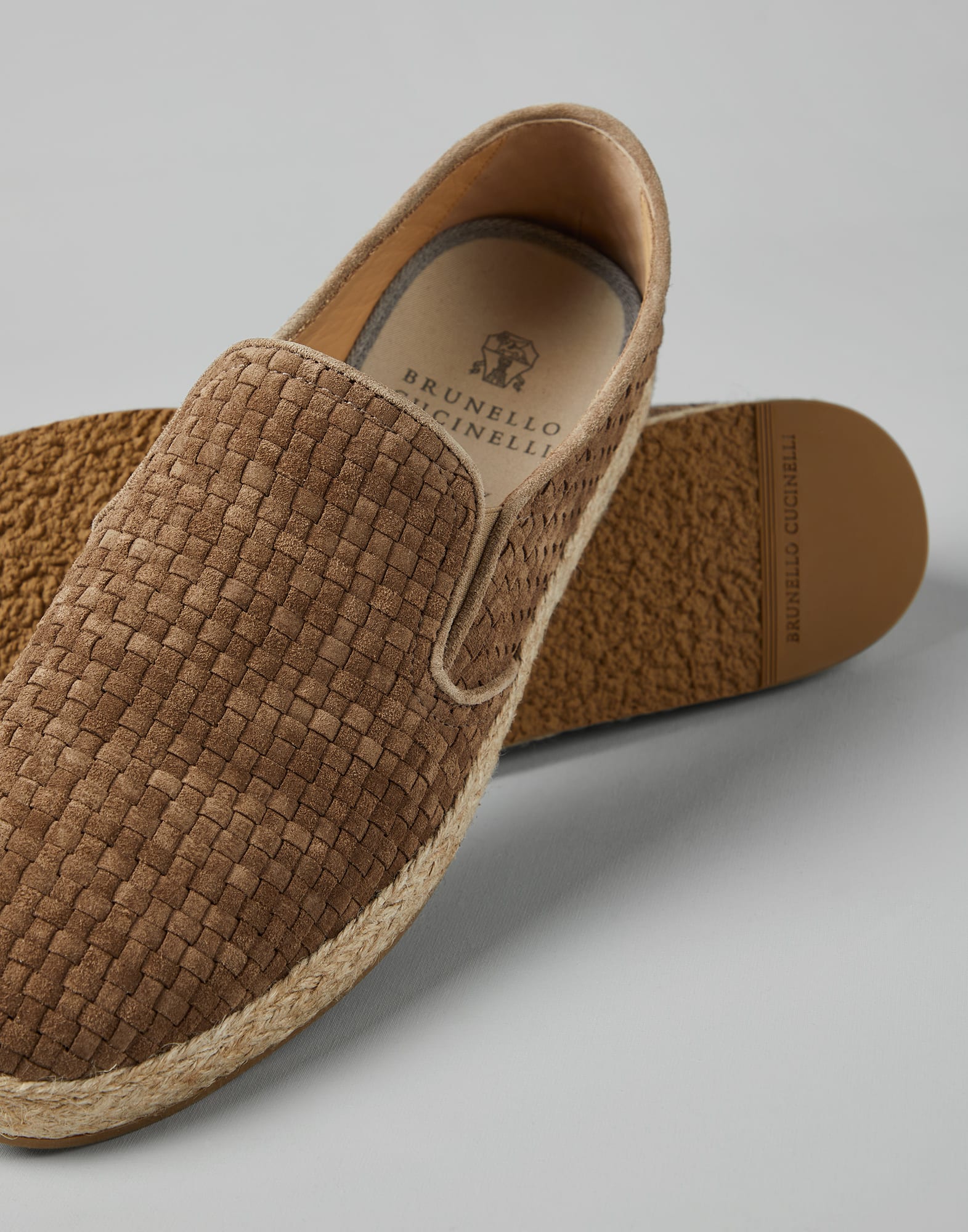 Woven suede slip-ons with rope insert