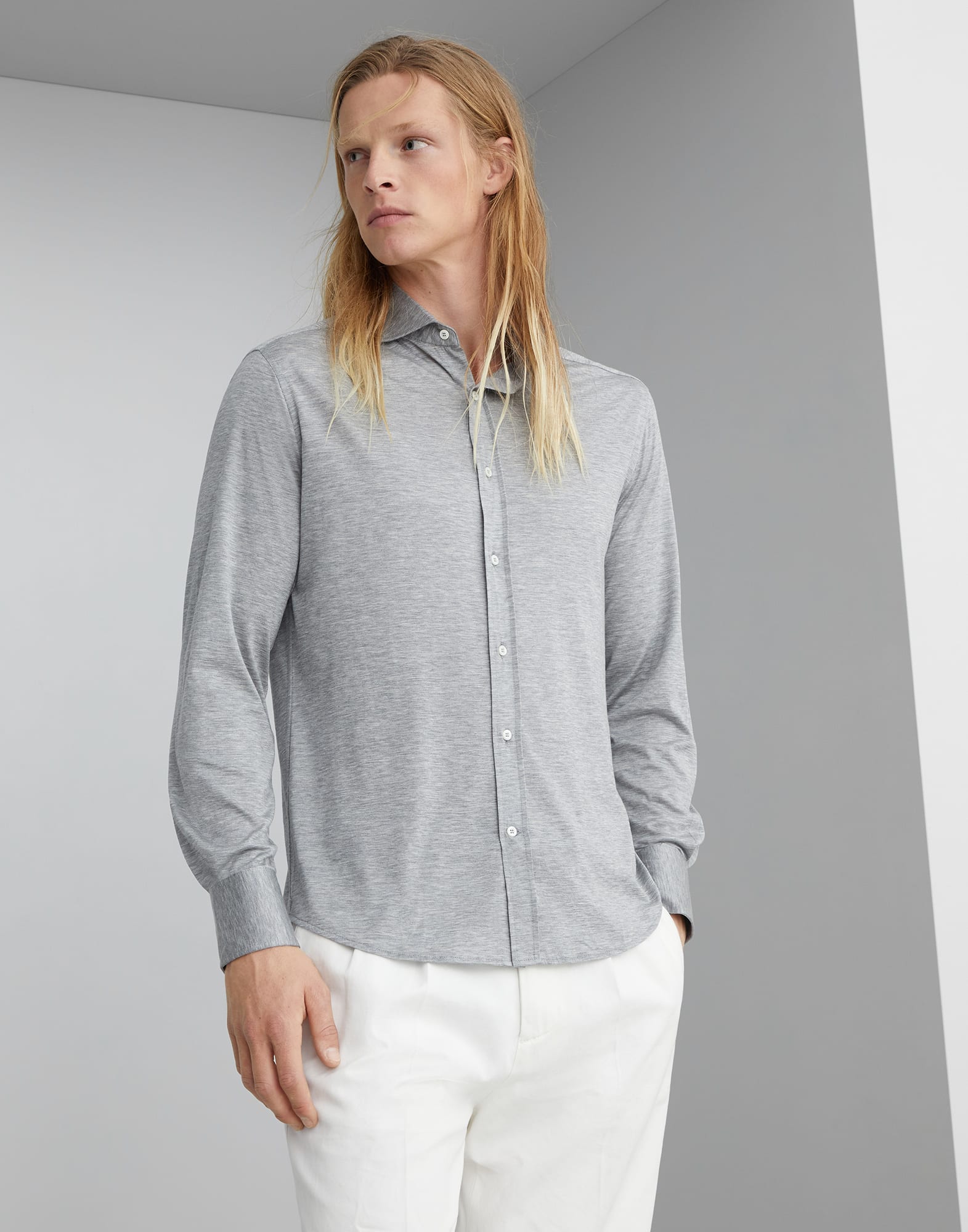 Silk and cotton jersey shirt with spread collar