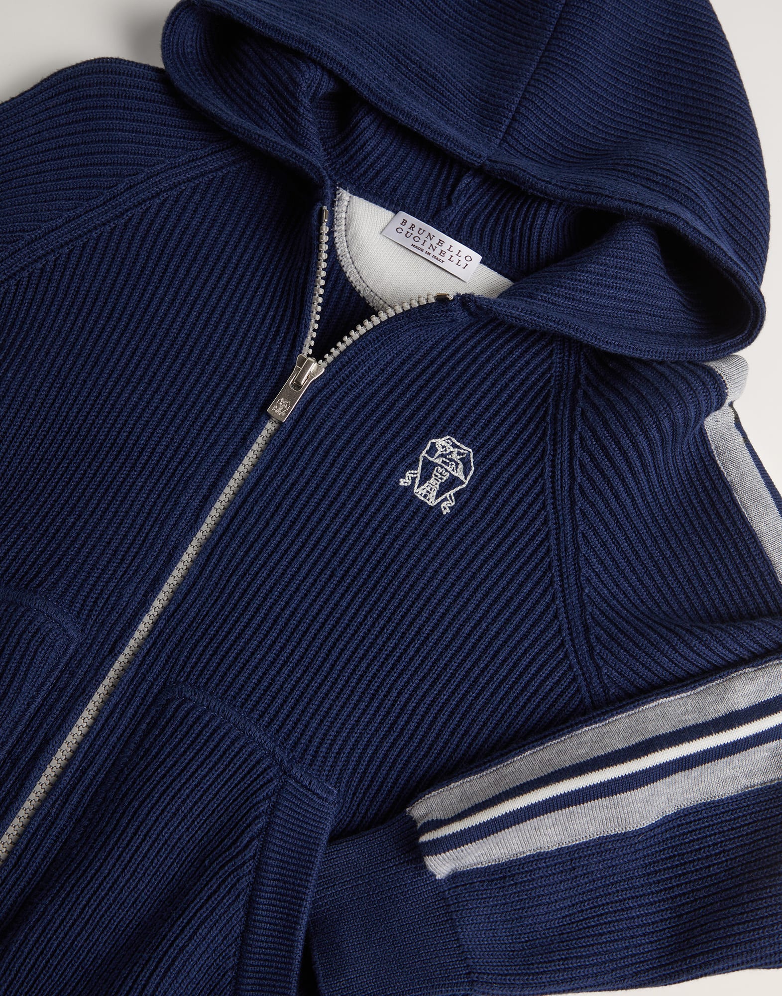 Cotton English rib hooded cardigan with stripe details